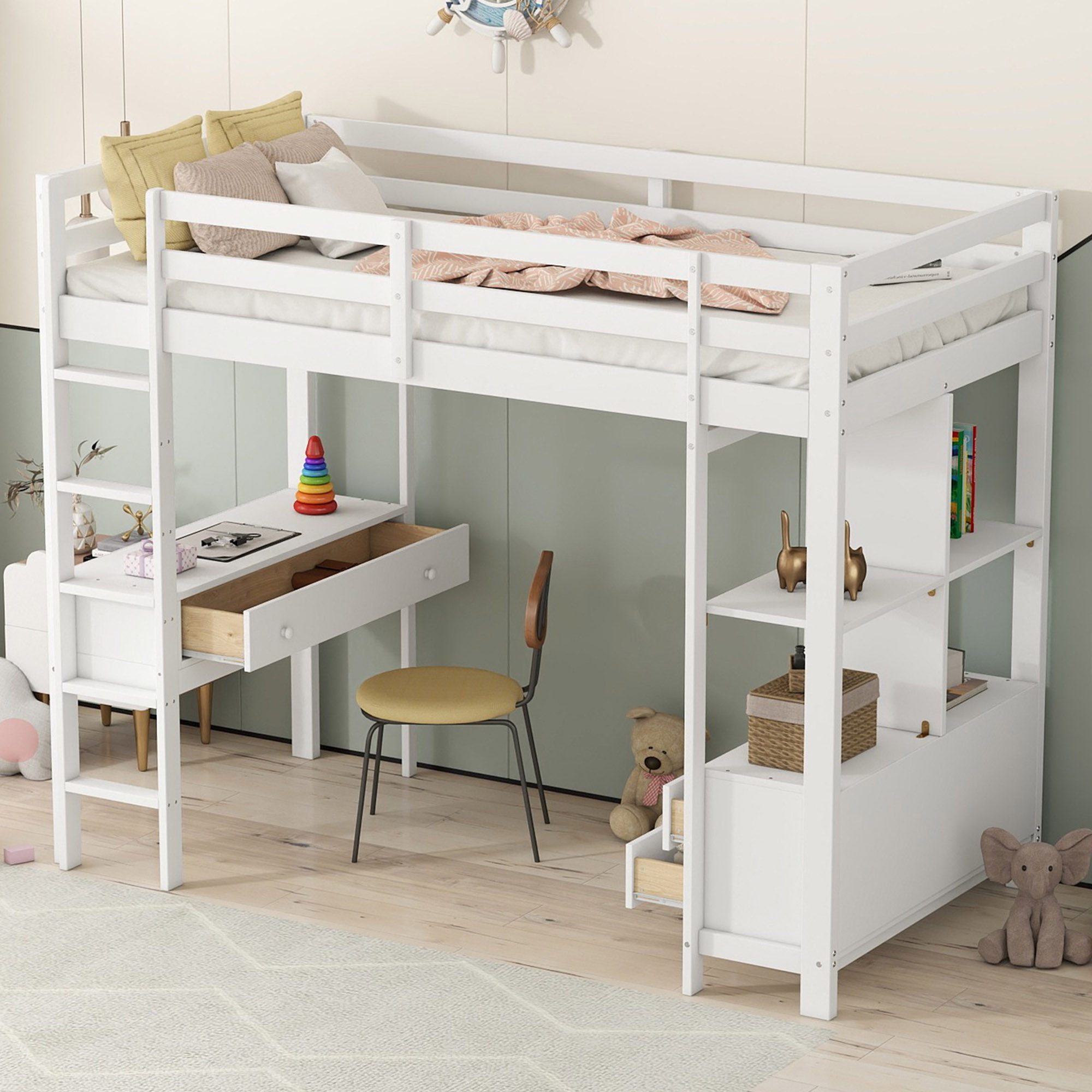 Flieks Hochbett Kiefer Kinderbett mit Schreibtisch günstig online kaufen