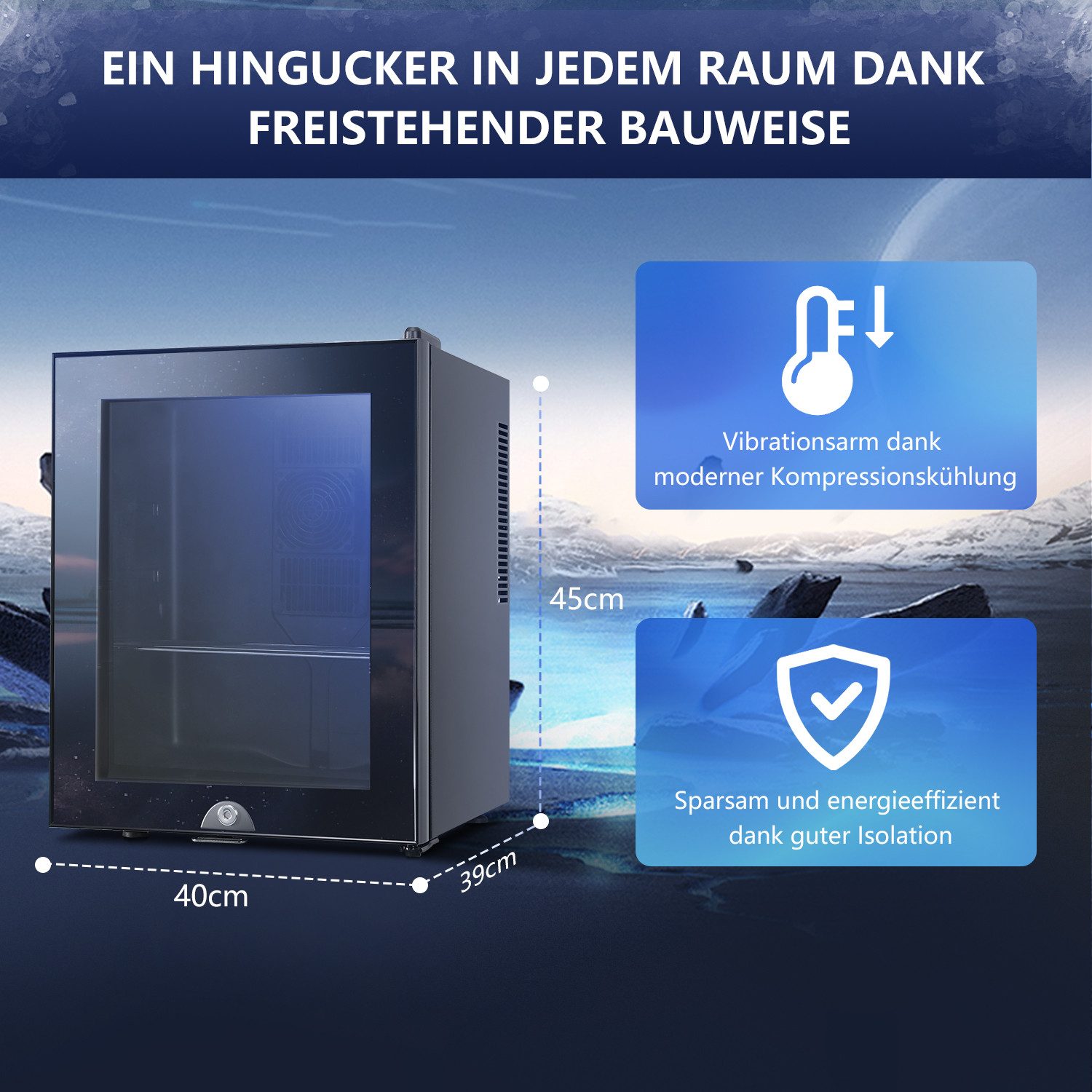 oyajia Getränkekühlschrank BC30BF Getränkekühlschrank 30L, 39 cm hoch, 46.5 cm breit, Doppelschichtige Tür aus gehärtetem Glas, verstellbare Einlegeböden