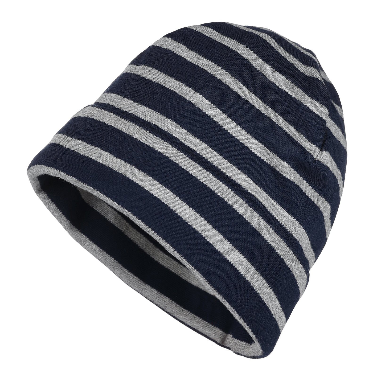 modAS Strickmütze Unisex Mütze Streifen für Kinder & Erwachsene - Ringelmütze Baumwolle (56) blau / grau-melange