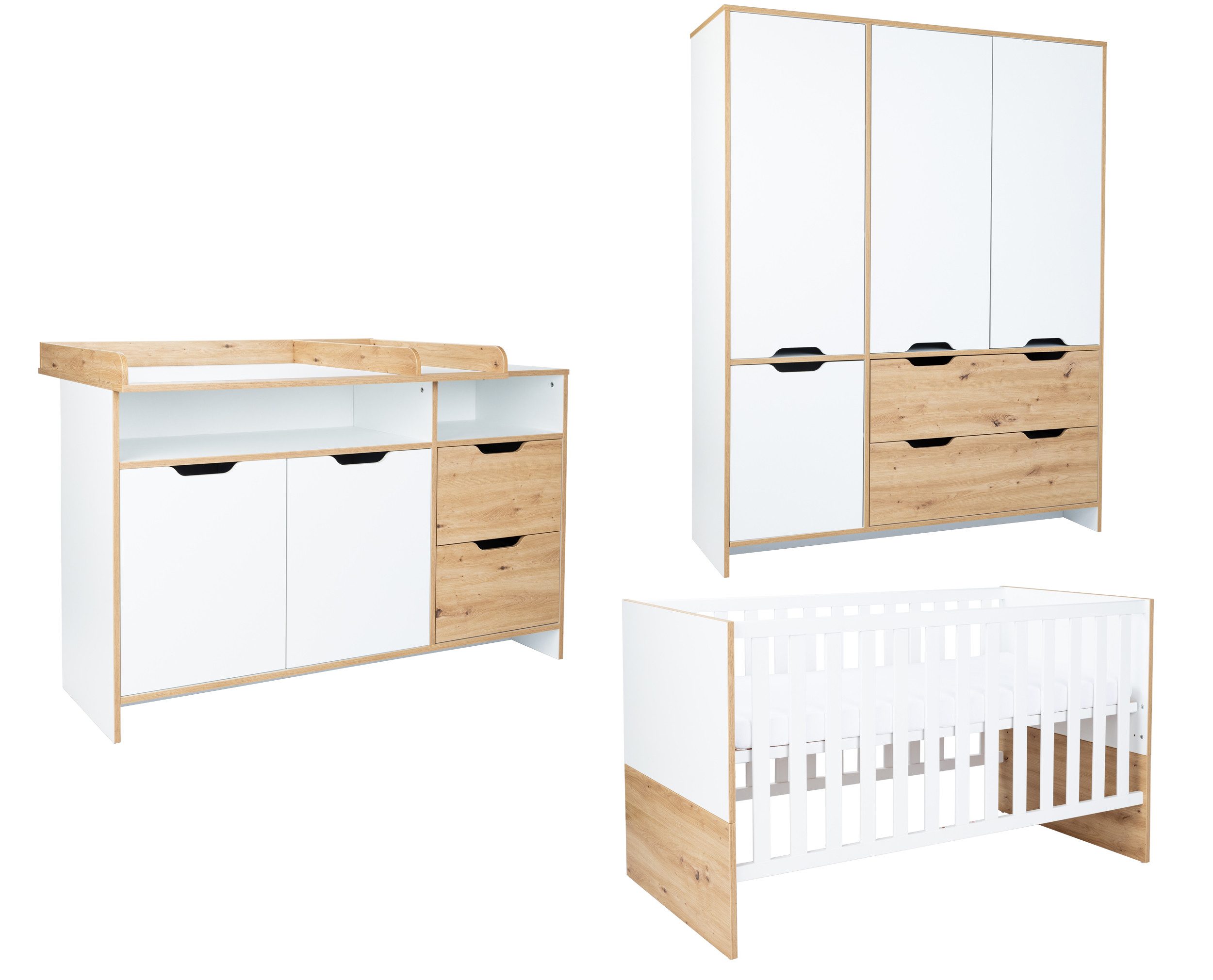 arthur berndt Babymöbel-Set Babyzimmer Set »Maxim« 3-teilig, (Set, 3-tlg., Babymöbel-Set »Maxim«), Gedämpfte Türen und Schubkästen