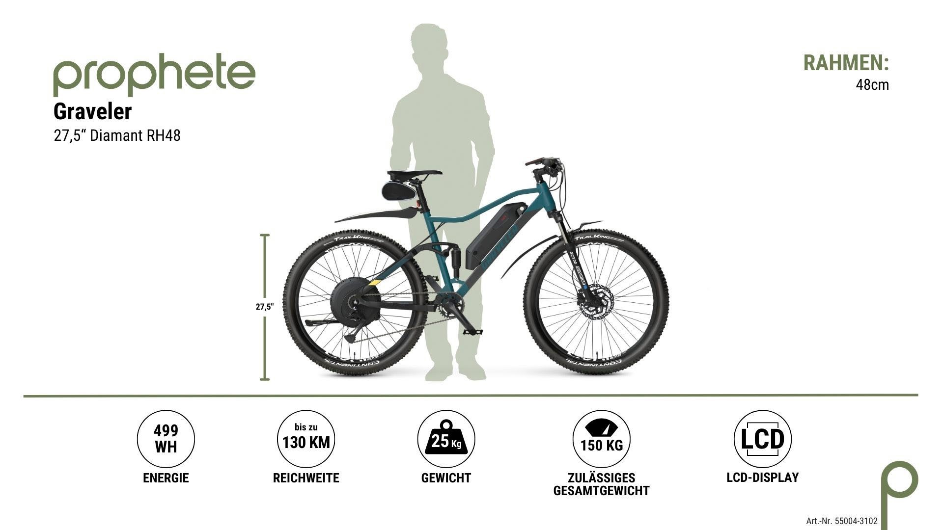 Prophete E-Bike Mountainbike Graveler, 9 Gang Shimano Alivio Schaltwerk, Kettenschaltung, Heckmotor, 499 Wh, Pedelec, Elektrofahrrad für Damen u. Herren, MTB