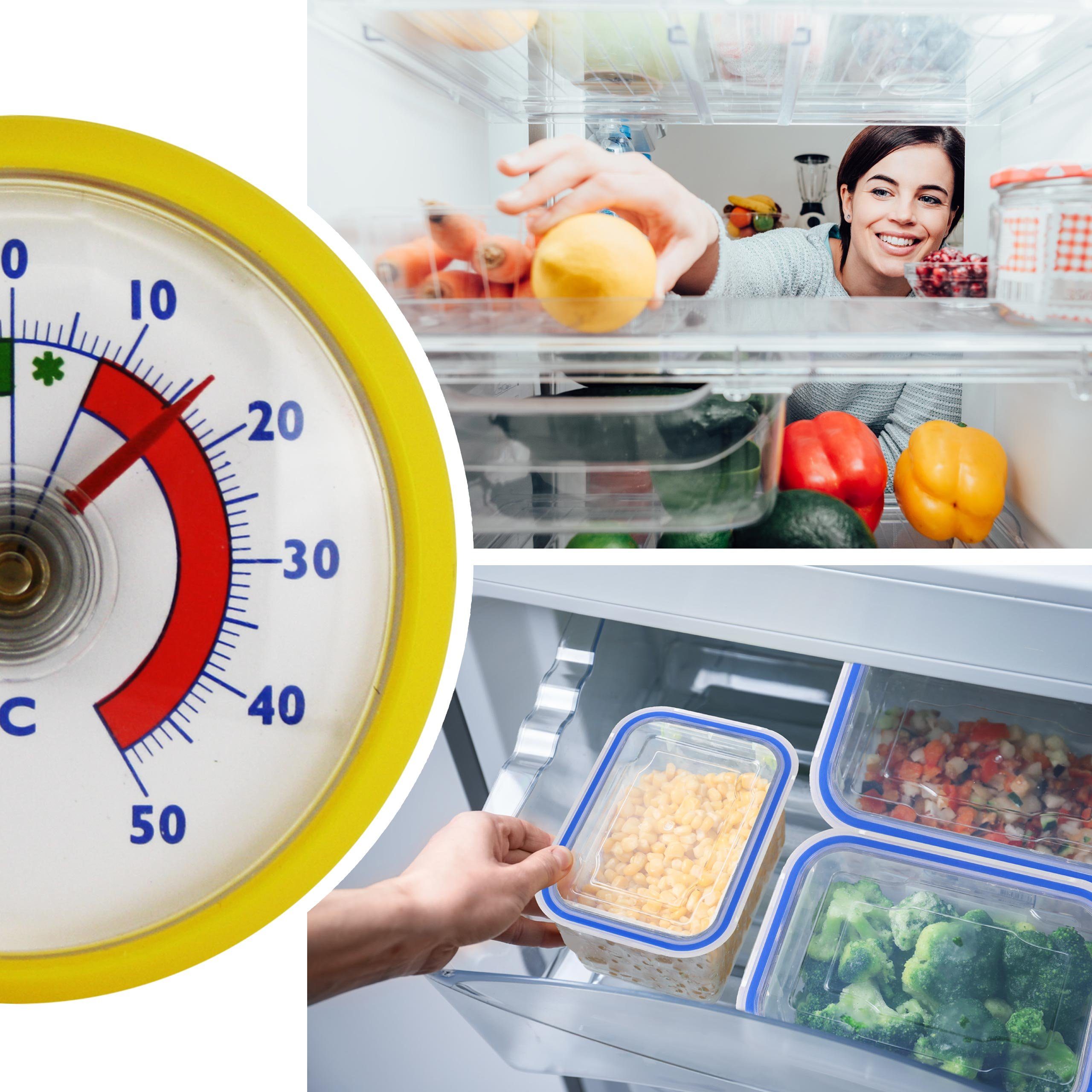 Lantelme Kühlschrankthermometer 4 Stück Set Farbwahl Selbstklebend Gefrierschrank Thermometer Analog, 4-tlg., Deutsche Herstellung, Klebepad anbei, Temperaturanzeige + - 50°C Temperaturüberwachung Kühlschrank