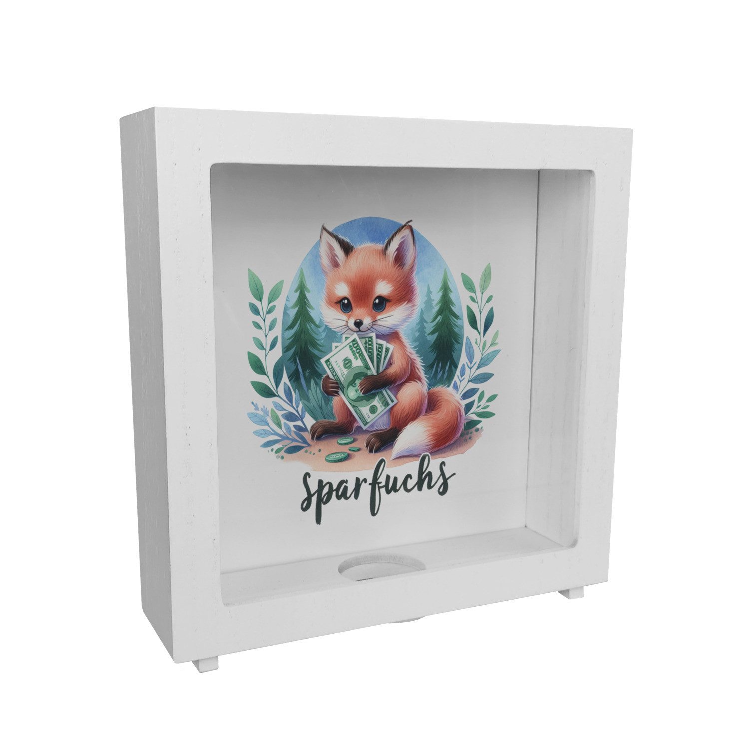 Spardose Babyfuchs Rahmen Spardose aus Holz mit Spruch Sparfuchs
