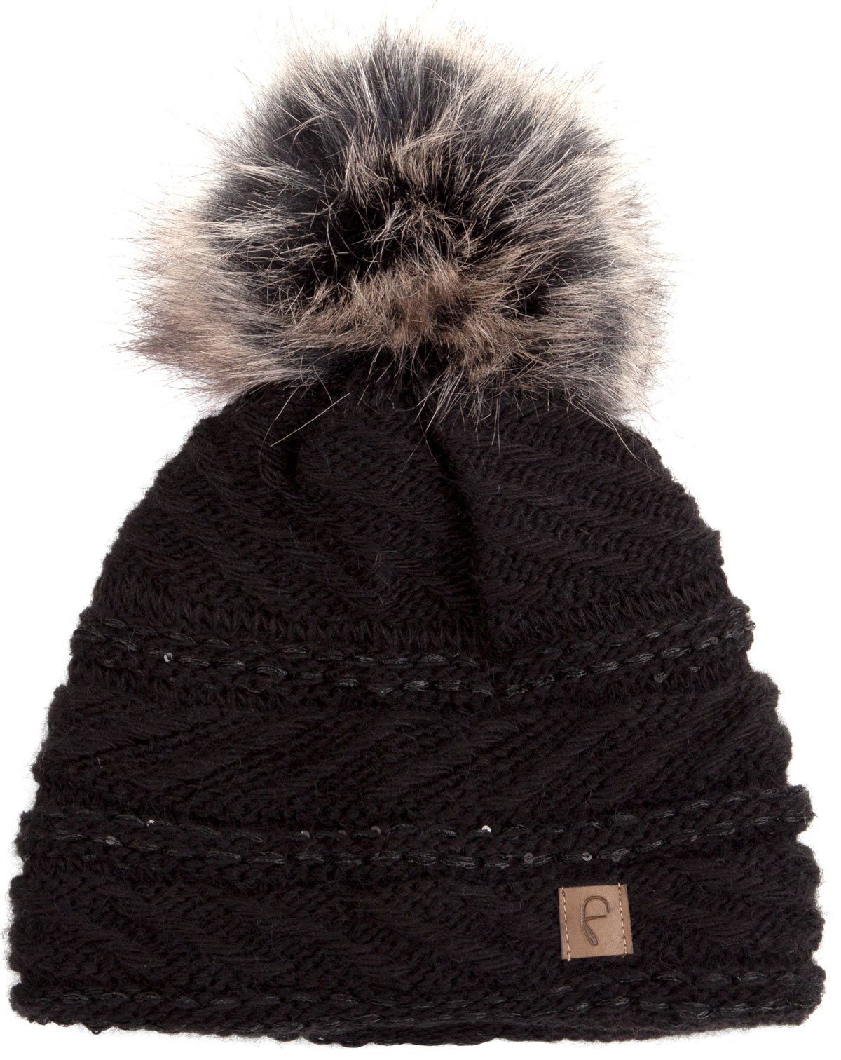 Wintermütze Damen Pailletten Faera Mütze Haube Winter Bommelmütze gefüttert Strickmütze schwarz