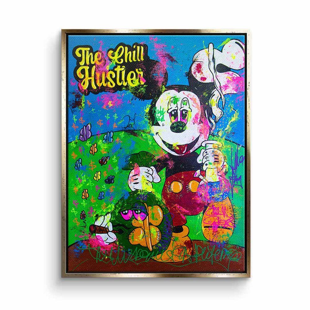 DOTCOMCANVAS® Leinwandbild, Leinwandbild The chill Hustler Mickey Mouse Micky Maus money hustle mi goldener Rahmen