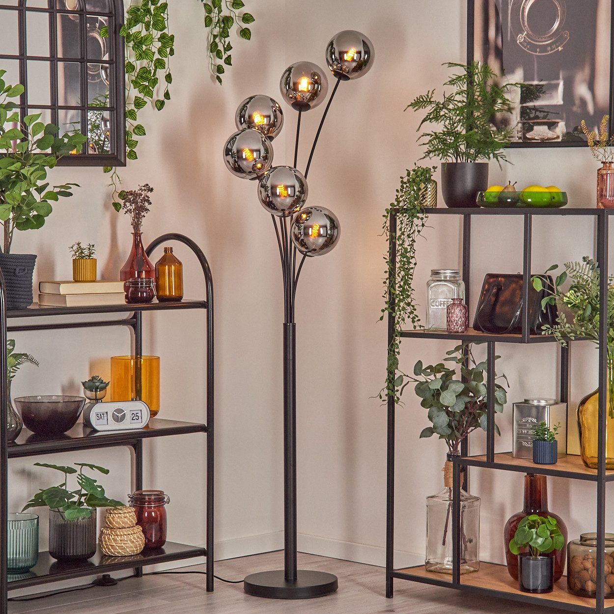 hofstein Stehlampe Stehlampe aus Metall/Glas in Schwarz/Chrom/Rauch mit Fußschalter, ohne Leuchtmittel, Stehleuchte im Retro/Vintage-Design mit Glasschirmen (15 cm), E14