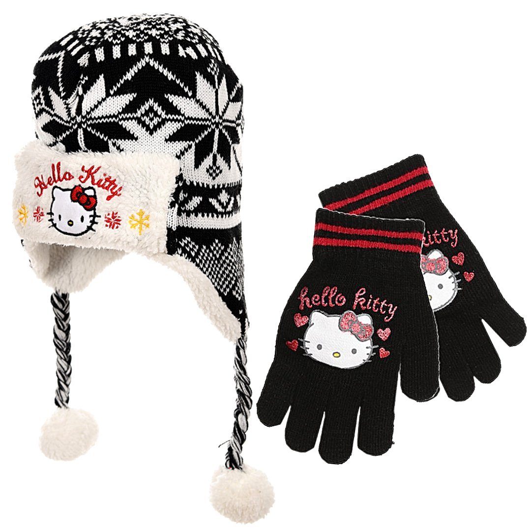 Hello Kitty Strickmütze (2-St) Mädchen Set peruanische Mütze & Handschuhe  in Gr. 52, 54 cm