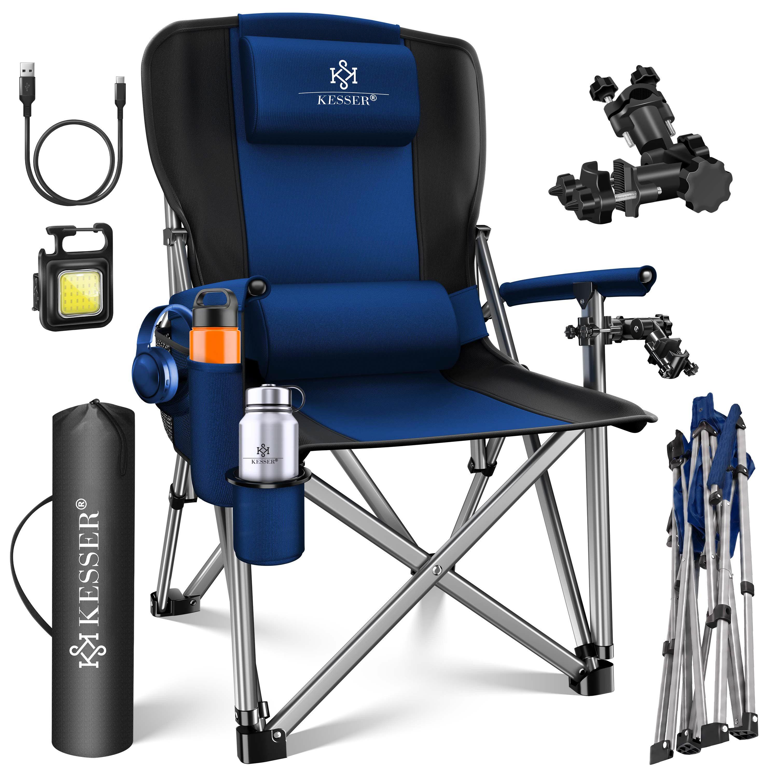 KESSER Campingstuhl (Strandstuhl mit hoher Rückenlehne + Tasche), Campingstuhl Inkl. Campinglicht, Angelhalterung und Getränkehalter