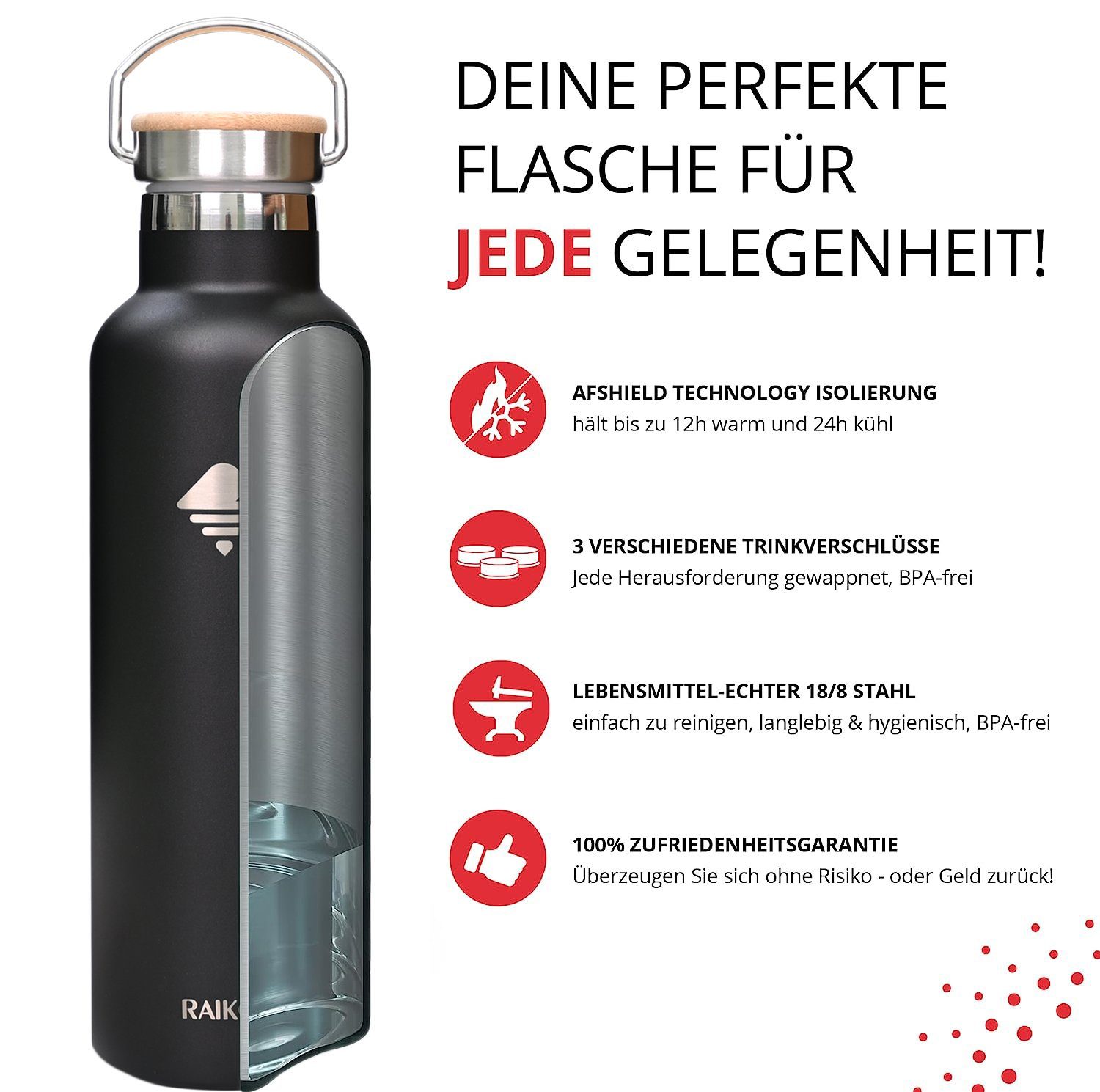 RAIKOU Isolierflasche Edelstahl Trinkflasche Vakuumisolierte Wasserflasche Thermoflasche, bis zu 12H heiß / 24H kalt,mit 2 Deckel,350ml/500ml/750ml/1000ml