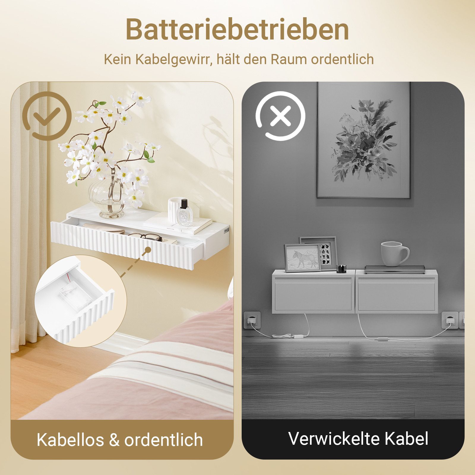 SoBuy Wandregal FHK38, Schweberegal mit Schublade & LED-Bewegungssensor-Licht, Regalbrett 60cm, Wandmontage, Schlafzimmer Flur, batteriebetrieben – Bild 4 von 5
