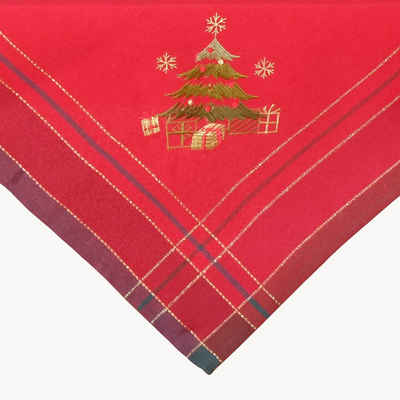TextilDepot24 Tischdecke mit Stickerei Baum in rot Weinachten Advent, bestickt