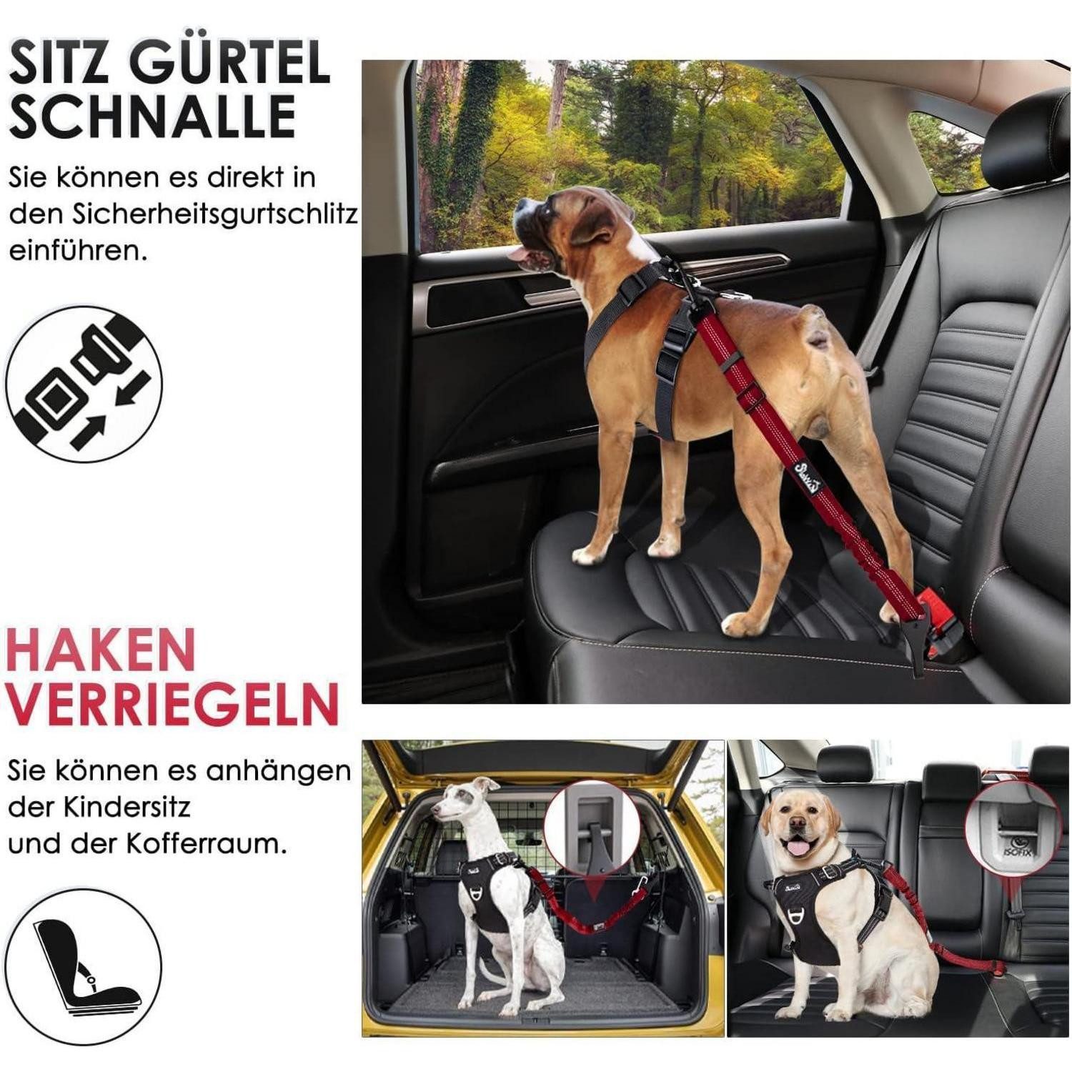 LuxusKollektion Autohundegeschirr Hundesicherheitsgurt Anschnallgurt 3in1 Ruckdämpfung Auto 90CM Rot