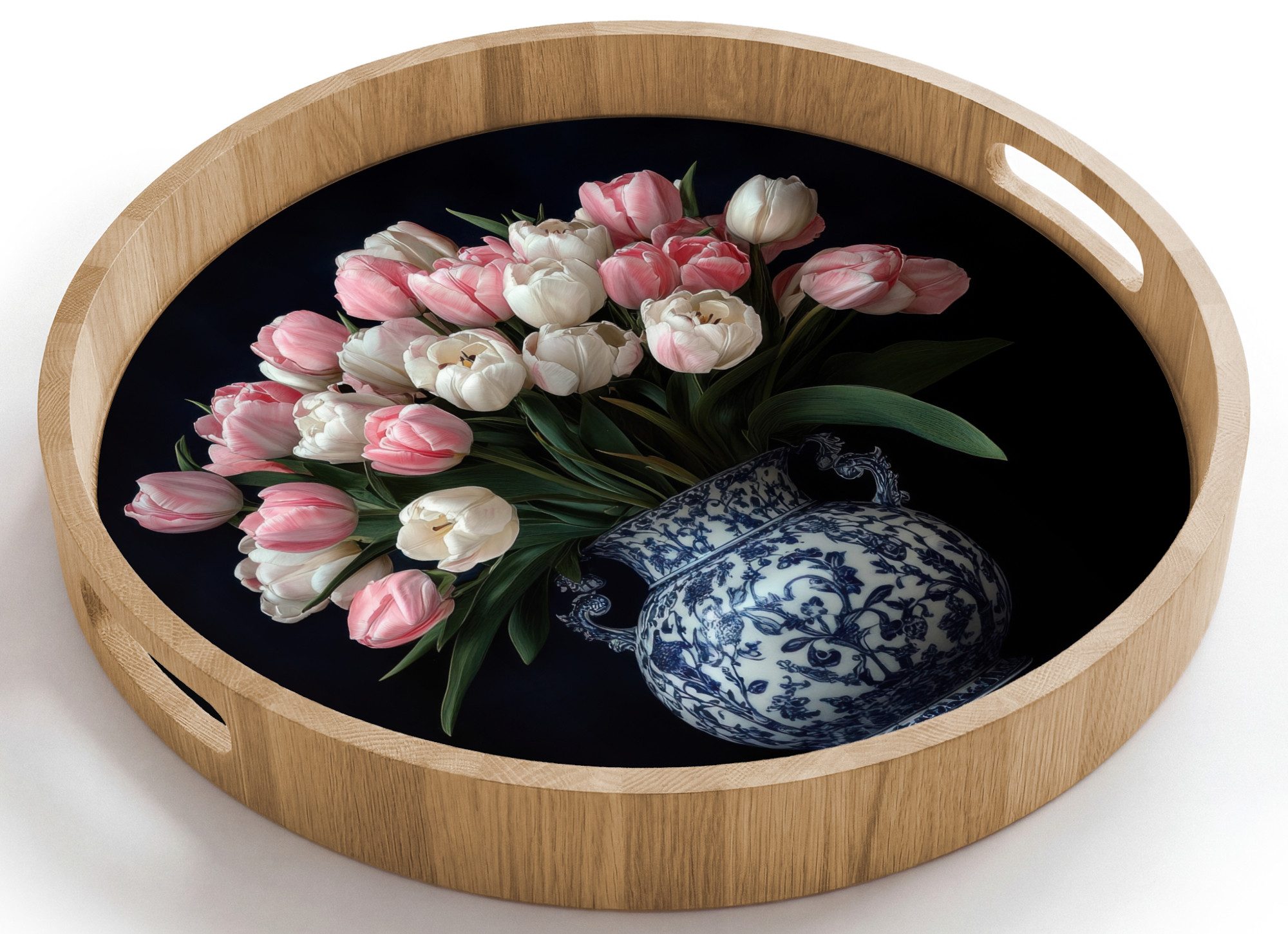 OnlyWow Tablett Rund mit Henkel Blumen - Rosa - Tulpen - Vase, Eichenholz, (1-tlg), Siervierplatte, Tray, Frühstücksbrett
