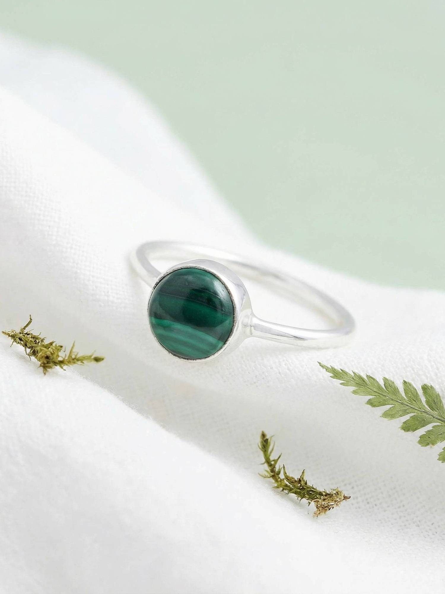 mantraroma Silberring SAMA rund aus 925 Silber mit Malachit (Ring mit Schmuckbeutel), Damenring aus 925er Silber