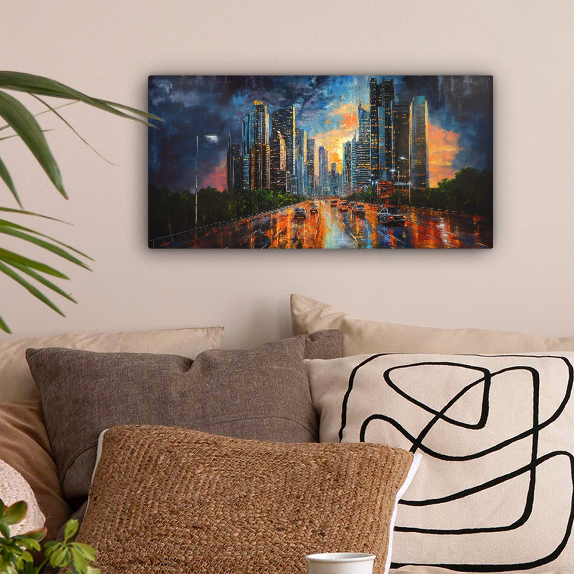 OneMillionCanvasses® Leinwandbild Panorama Auto - Skyline - Sonne - Blau, F günstig online kaufen