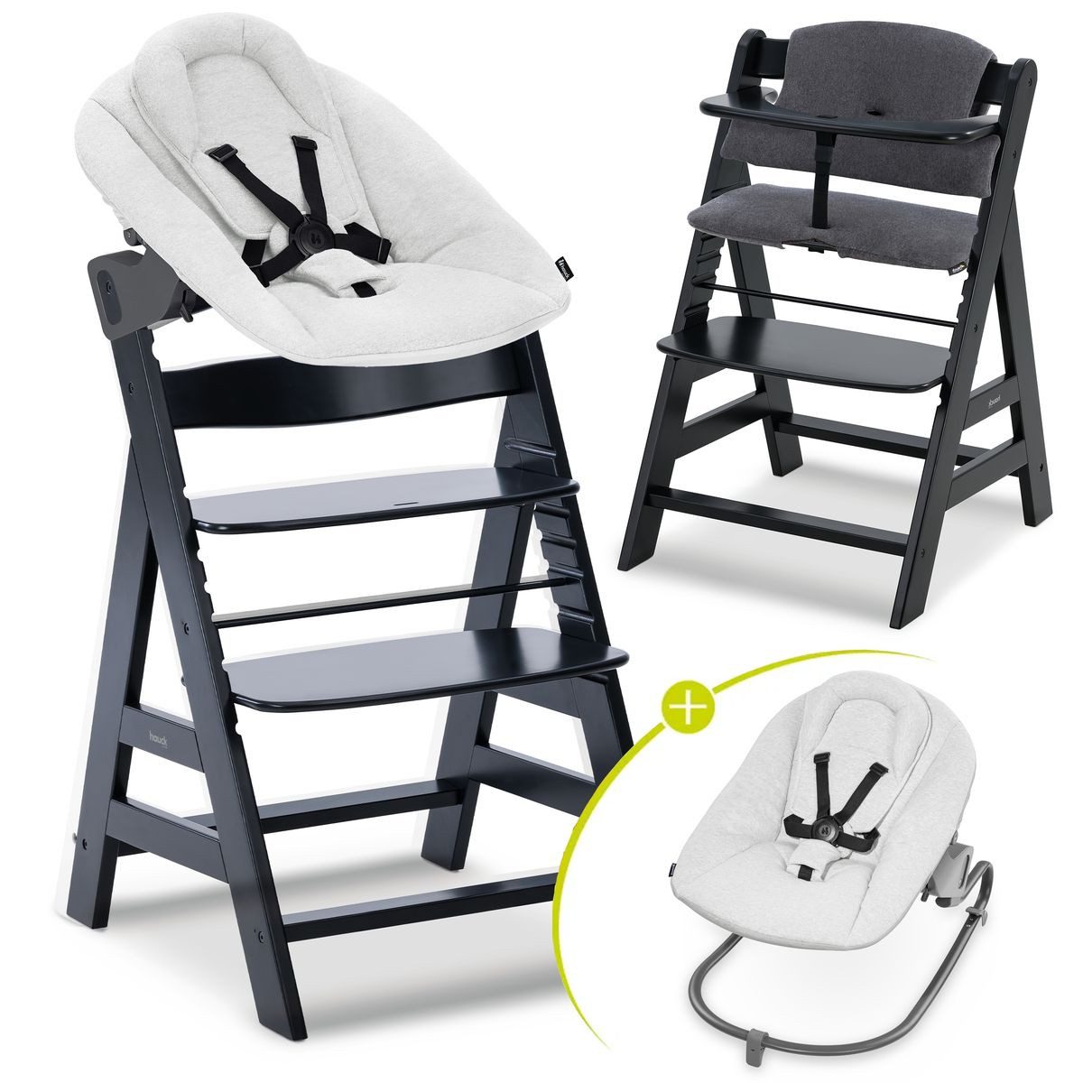 Hauck Hochstuhl Alpha Plus Newborn Set - Black, Holz Babyhochstuhl ab Geburt inkl. Neugeborenen Aufsatz & Sitzpolster