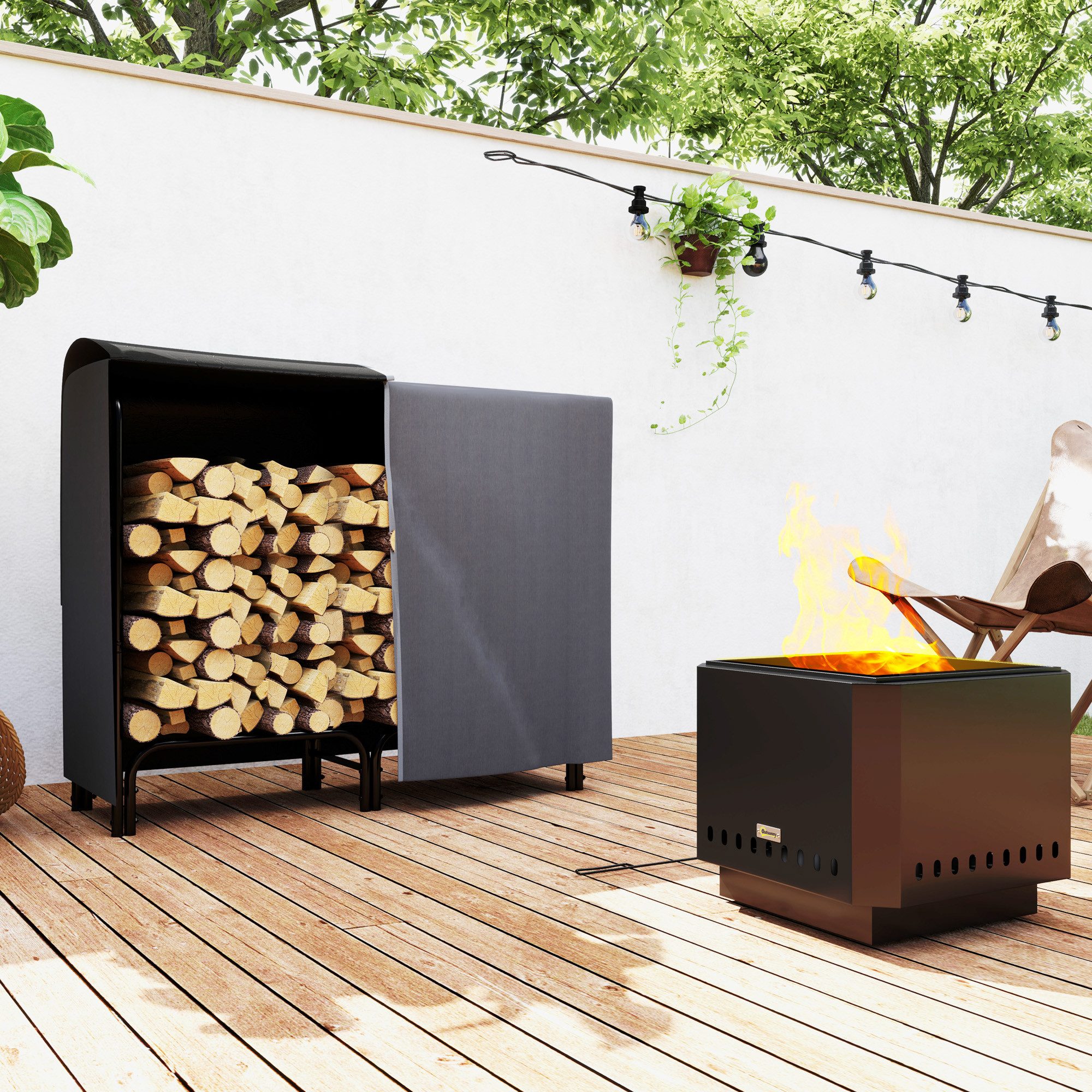 Outsunny Kaminholzregal Brennholzregal mit Tragetasche, Abdeckung, BxTxH:120x36x99 cm, (Holzlager, 1-St., Kaminholzunterstand), für Garten, Terrasse, Metall, Schwarz