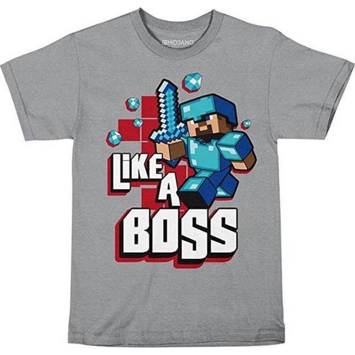 Minecraft Print-Shirt MINECRAFT T-SHIRT Hellgrau LIKE A BOSS - Erwachsene + Jugendliche Gr. M L XL