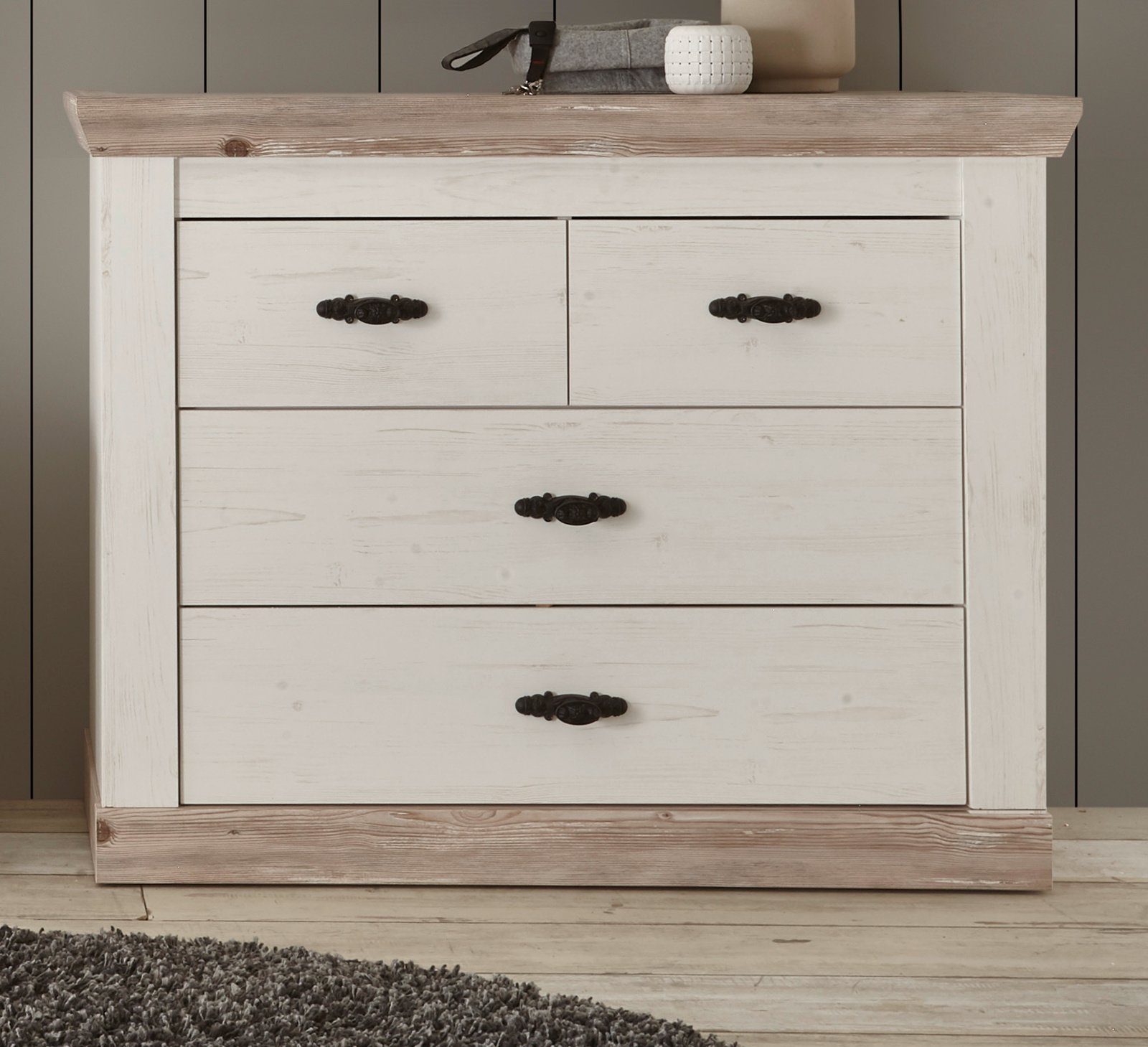 Furn.Design Kommode Rovola (Schubladenkommode in Pinie weiß mit Oslo Pinie, 107 x 84 cm), mit 4 Schubladen