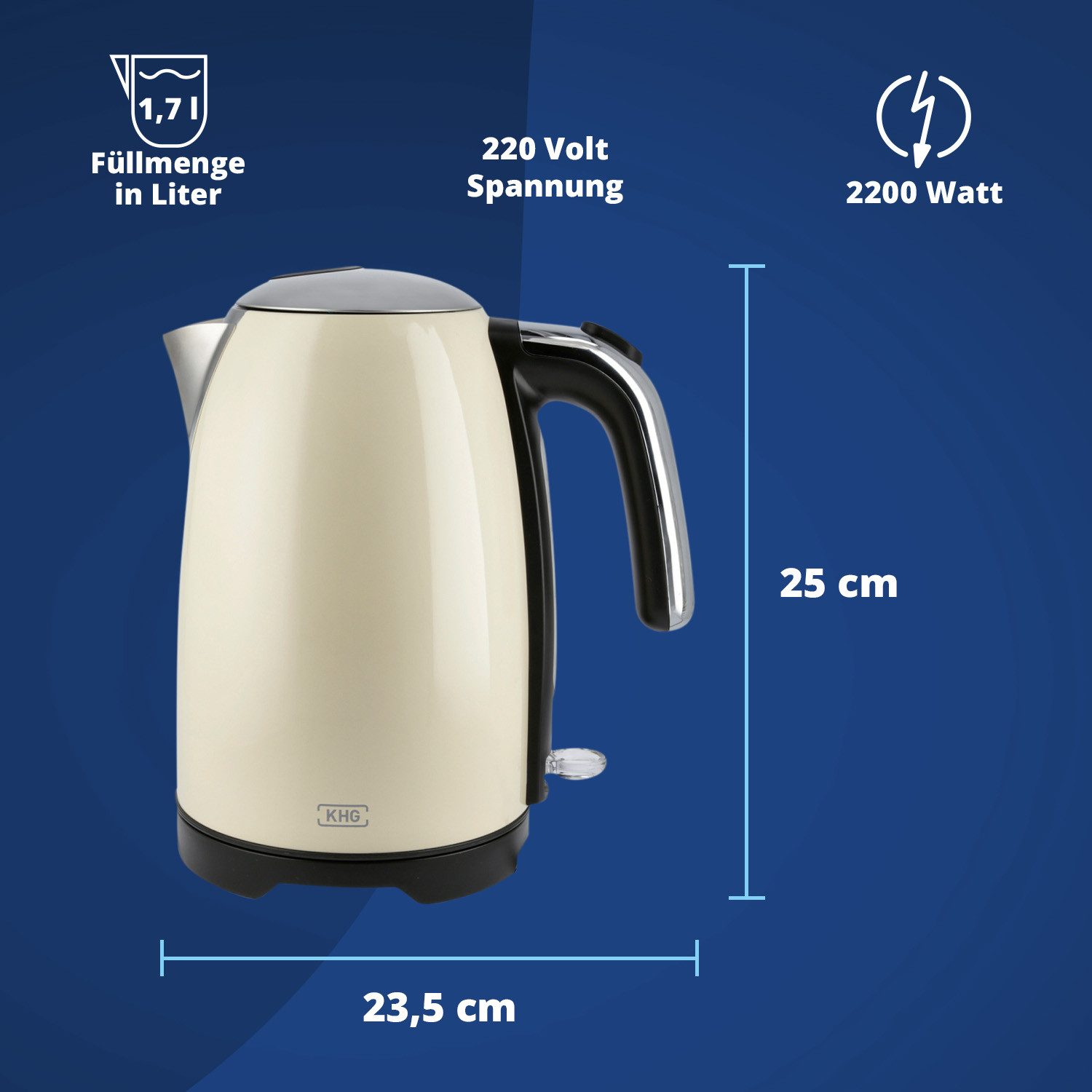 KHG Wasserkocher WK-1714 CE in creme aus Edelstahl, 1,7 Liter Fassvermögen, 1.7 l