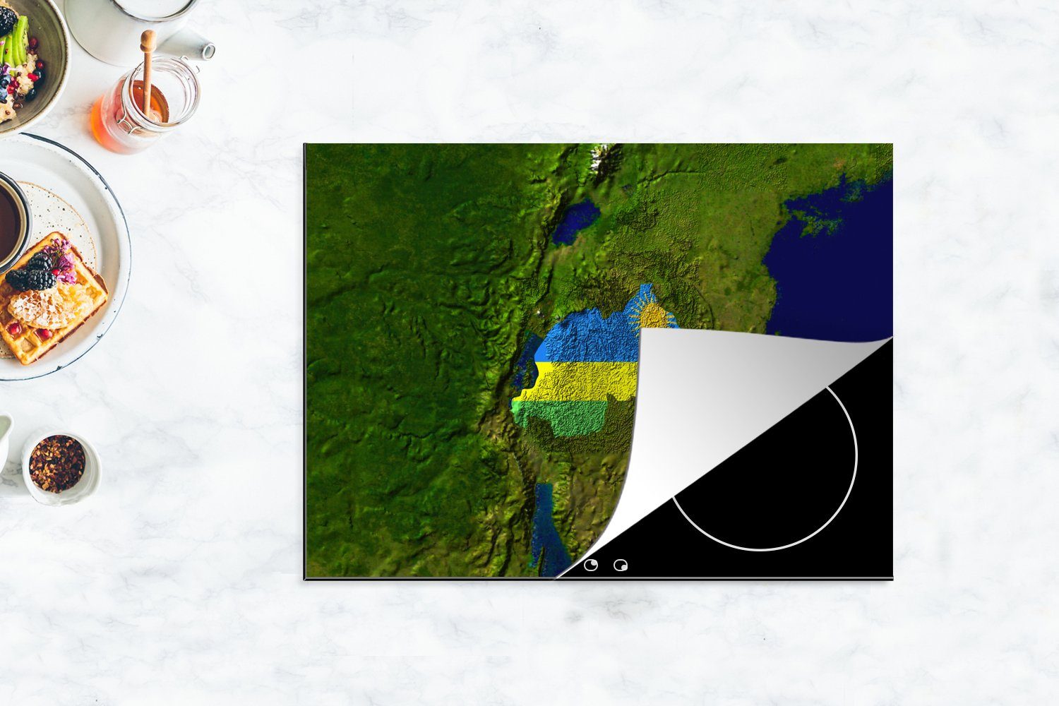 MuchoWow Herdblende-/Abdeckplatte Satellitenbild 70x52 Arbeitsfläche des von Flagge Ruanda darüber, Mobile tlg), cm, der Ceranfeldabdeckung (1 mit nutzbar, Landes Vinyl