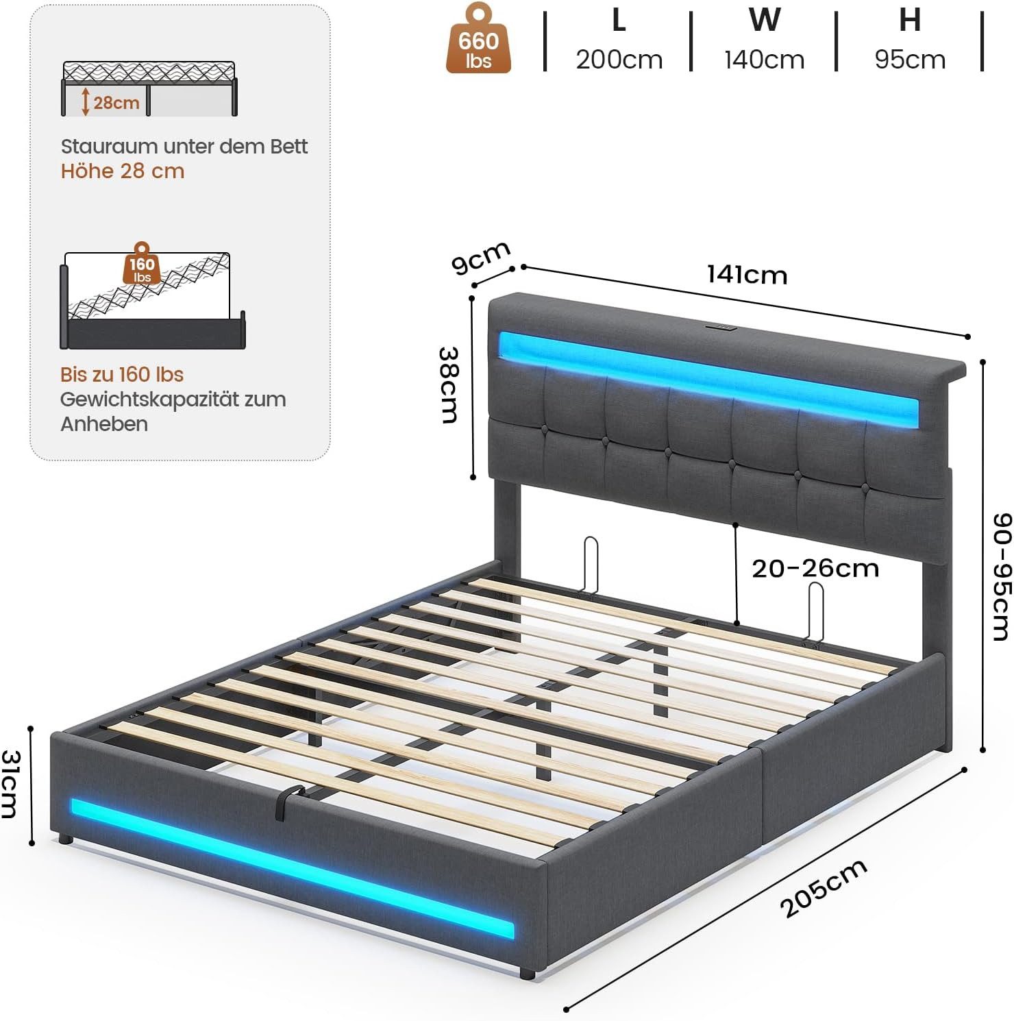 MSMASK Polsterbett Jugendbett mit LED Beleuchtung und Ladestation, Hydrauli günstig online kaufen