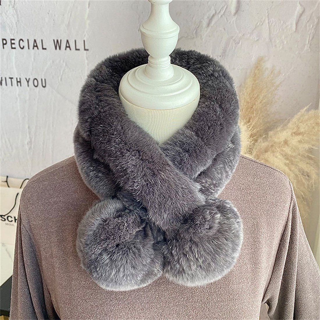 DÖRÖY Modeschal Damen Winter faux Otter Kaninchen Pelz Plüsch Schal, Mode warmen Schal dunkelgrau