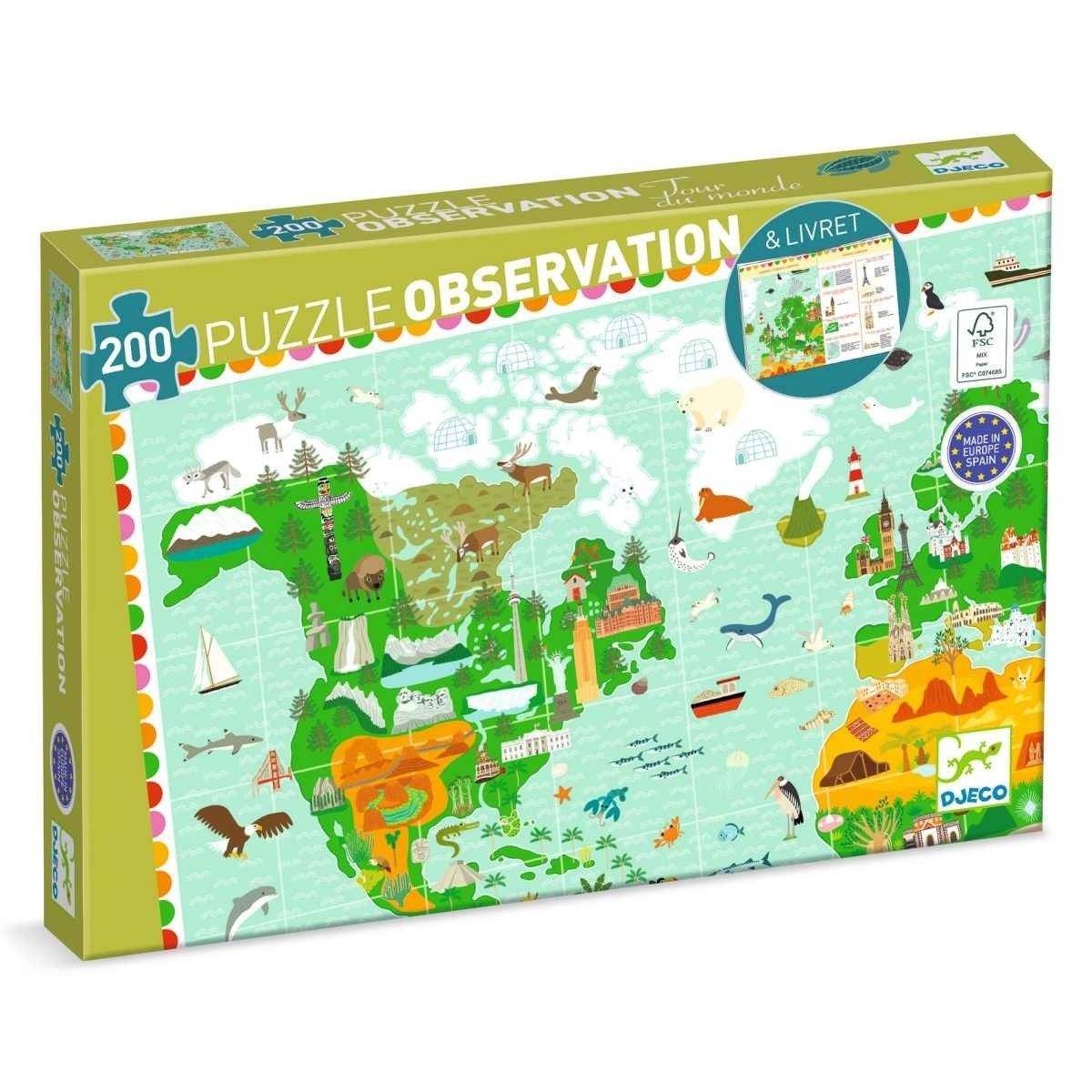 DJECO Puzzle Wimmelbild Weltreise 200 Teile ab 6 Kinderpuzzle für Kinder, 200 Puzzleteile, Kinderpuzzle