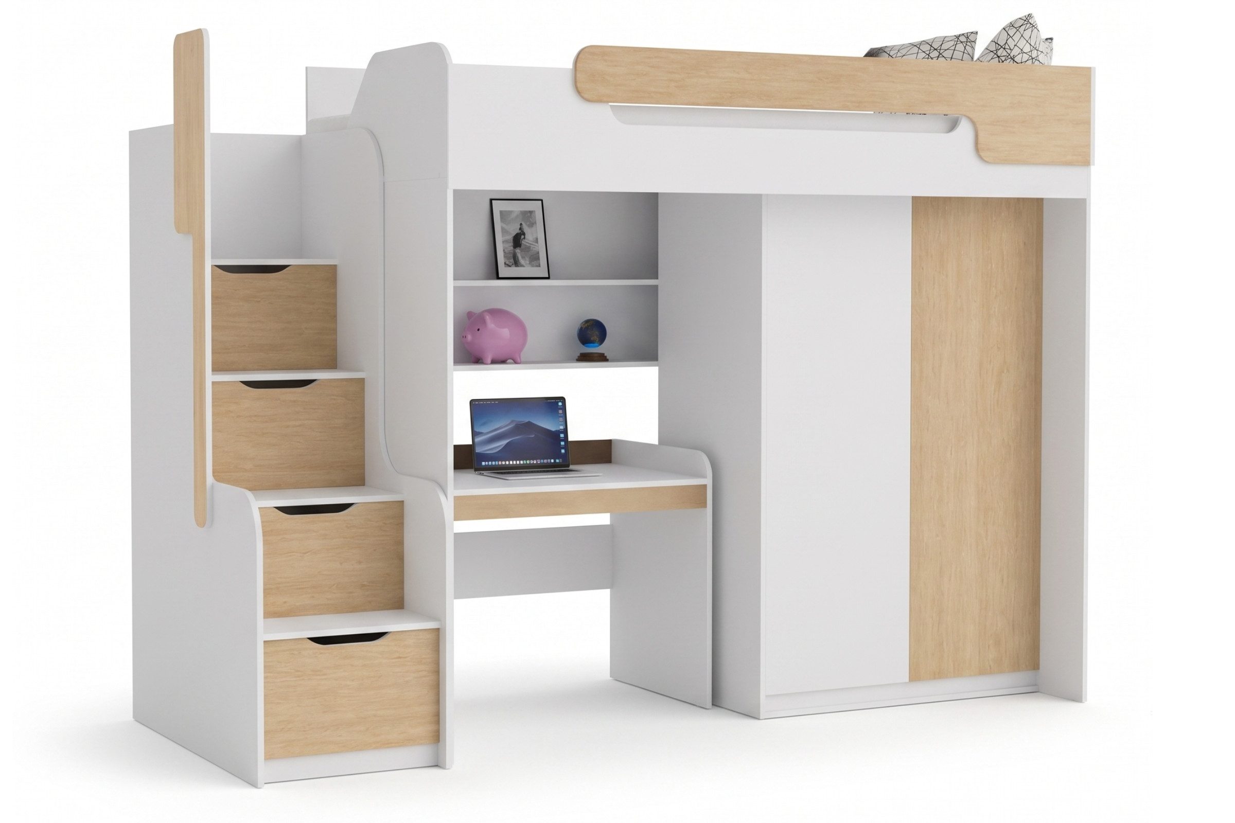Deine Möbel 24 Hochbett ARTHUR Kinderbett mit Treppe und Stauraum, 90x200 cm (ideal für Kinderzimmer & Jugendzimmer, 1-St., Weiß Eukalyptus Eiche Rosa Blau Anthrazit, praktisch & platzsparend) Multifunktionsbett Jugendbett inkl. Kleiderschrank & Schreibtisch