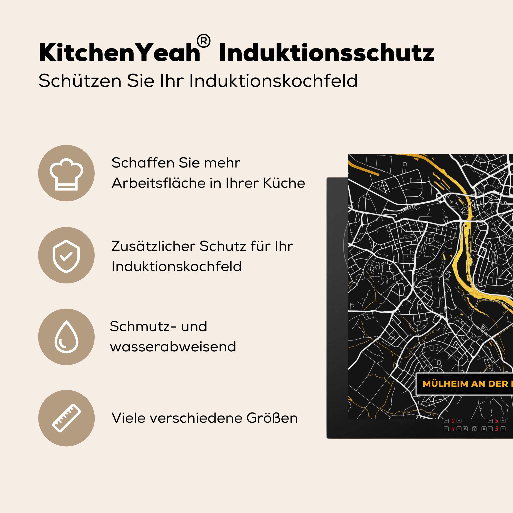 - Deutschland, Mülheim cm, - - der Herdblende-/Abdeckplatte Karte Vinyl, - MuchoWow (1 tlg), küche Ruhr Stadtplan 78x78 Ceranfeldabdeckung, an für Gold Arbeitsplatte