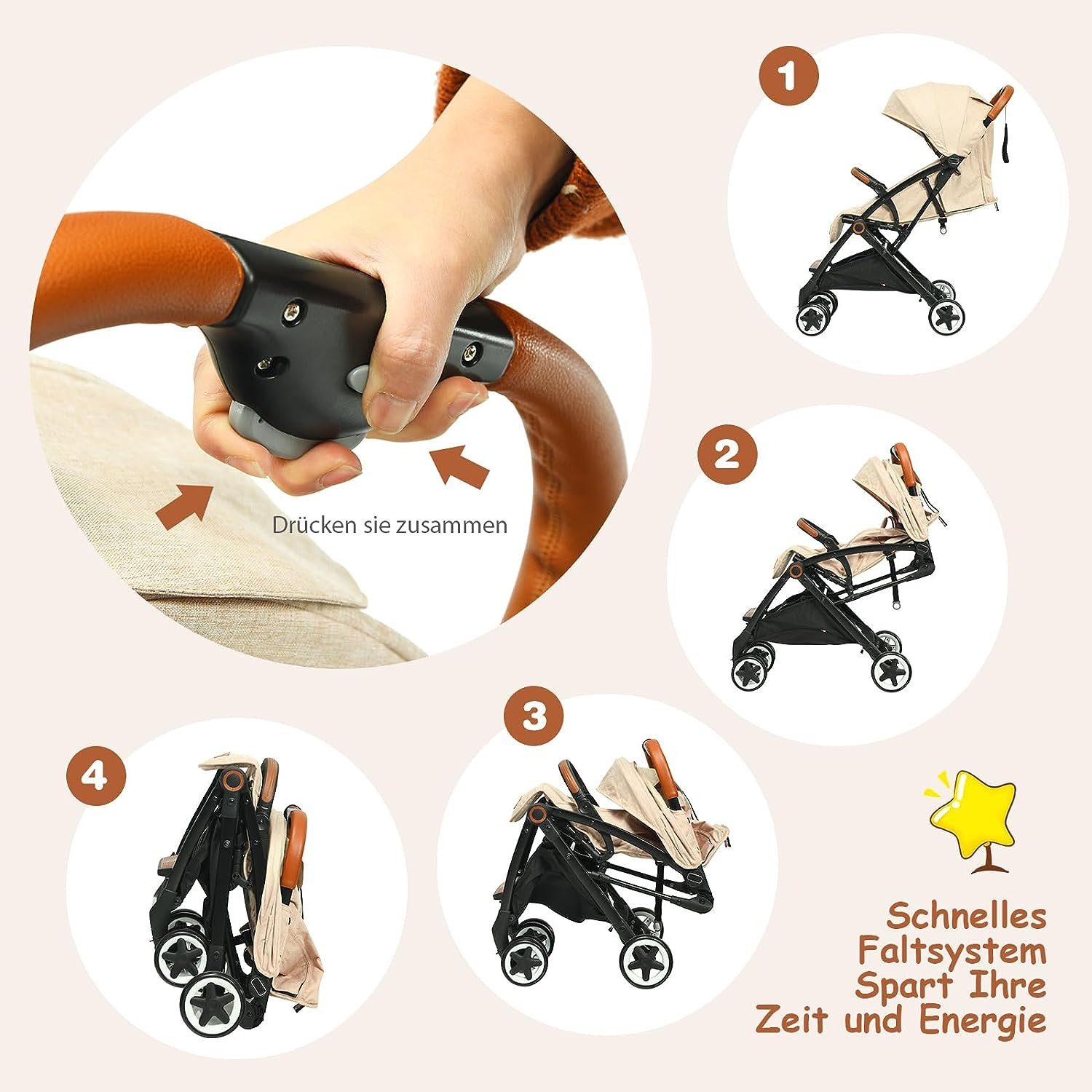 KOMFOTTEU beige Kinderwagen, für Kinder-Buggy bis Baby alt Jahre 3 verstellbar&tragbar&faltbar,