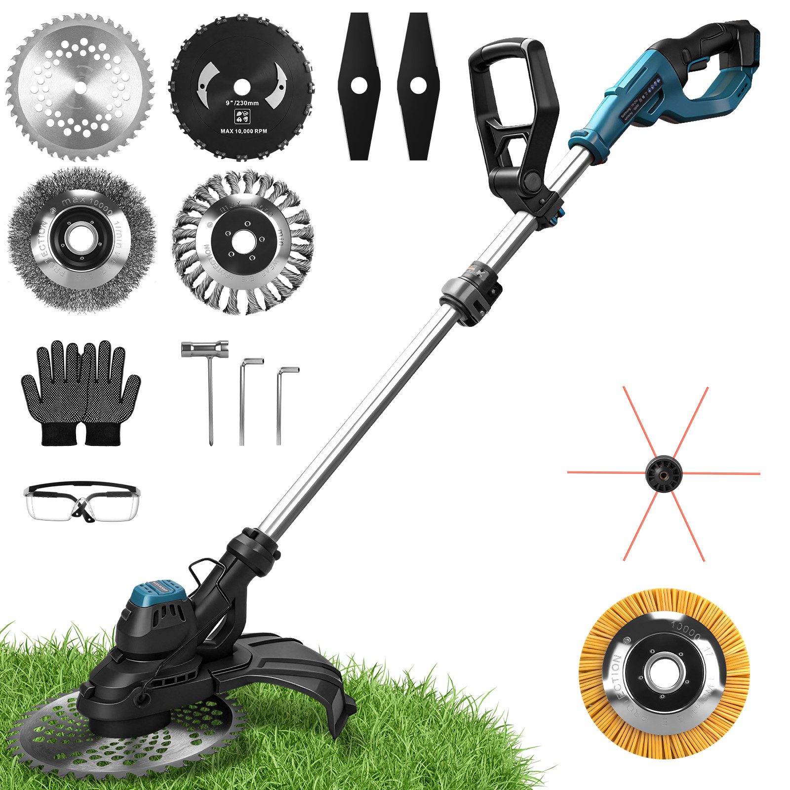 XIIW Akku-Motorsense Akku-Rasentrimmer 980W Bürstenloser Freischneider mit 7 Klingentypen, (14800 RPM, Teleskop 96–136 cm Einstellbar, für Makita 18V), Rasenmäh-Werkzeuge für Höfe, Gärten und Kleinen