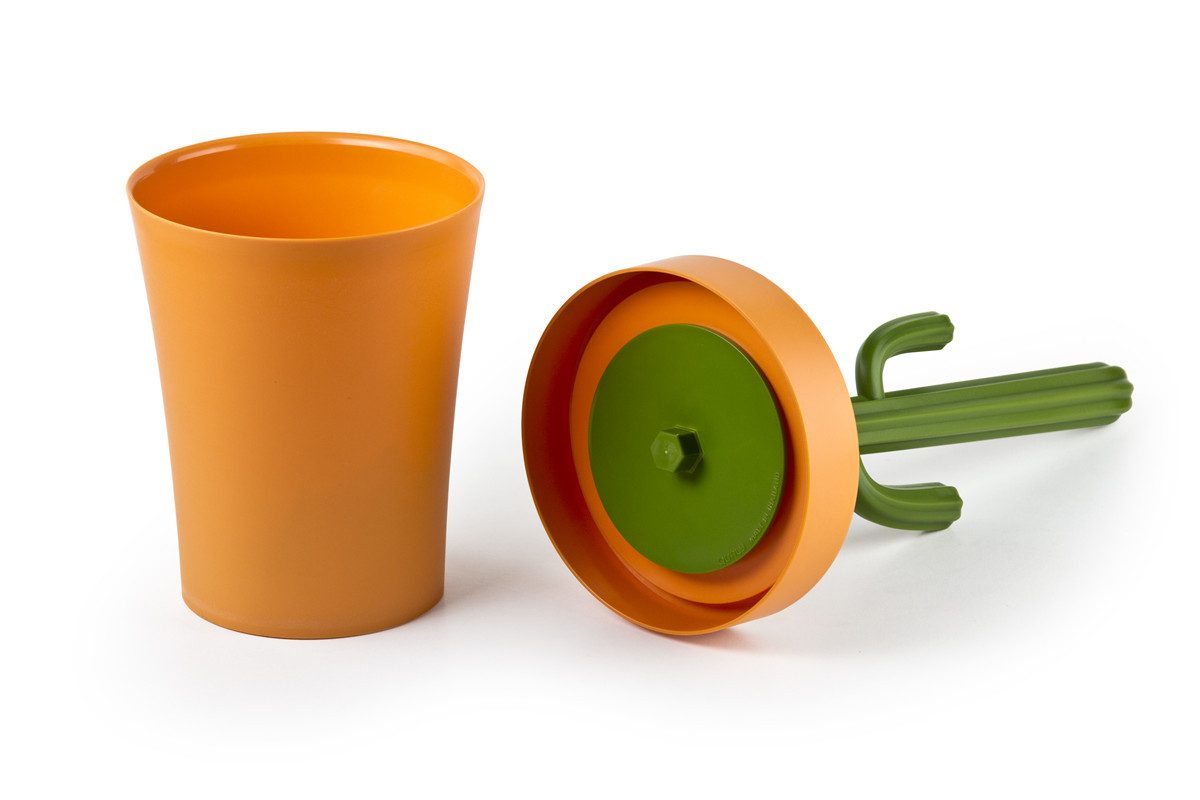 Qualy Design Mülleimer Cactrash Orange-Grün Kaktus-Form Abfall Behälter Papiereimer, Kunststoff, ca. Ø 16 x 52 cm (max), für ca. 4L
