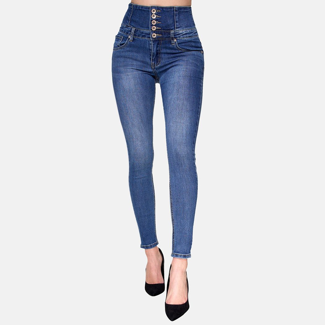 Elara Slim-fit-Jeans – Damen High Waist Jeans Skinny mit breitem Bund und Knopfleiste