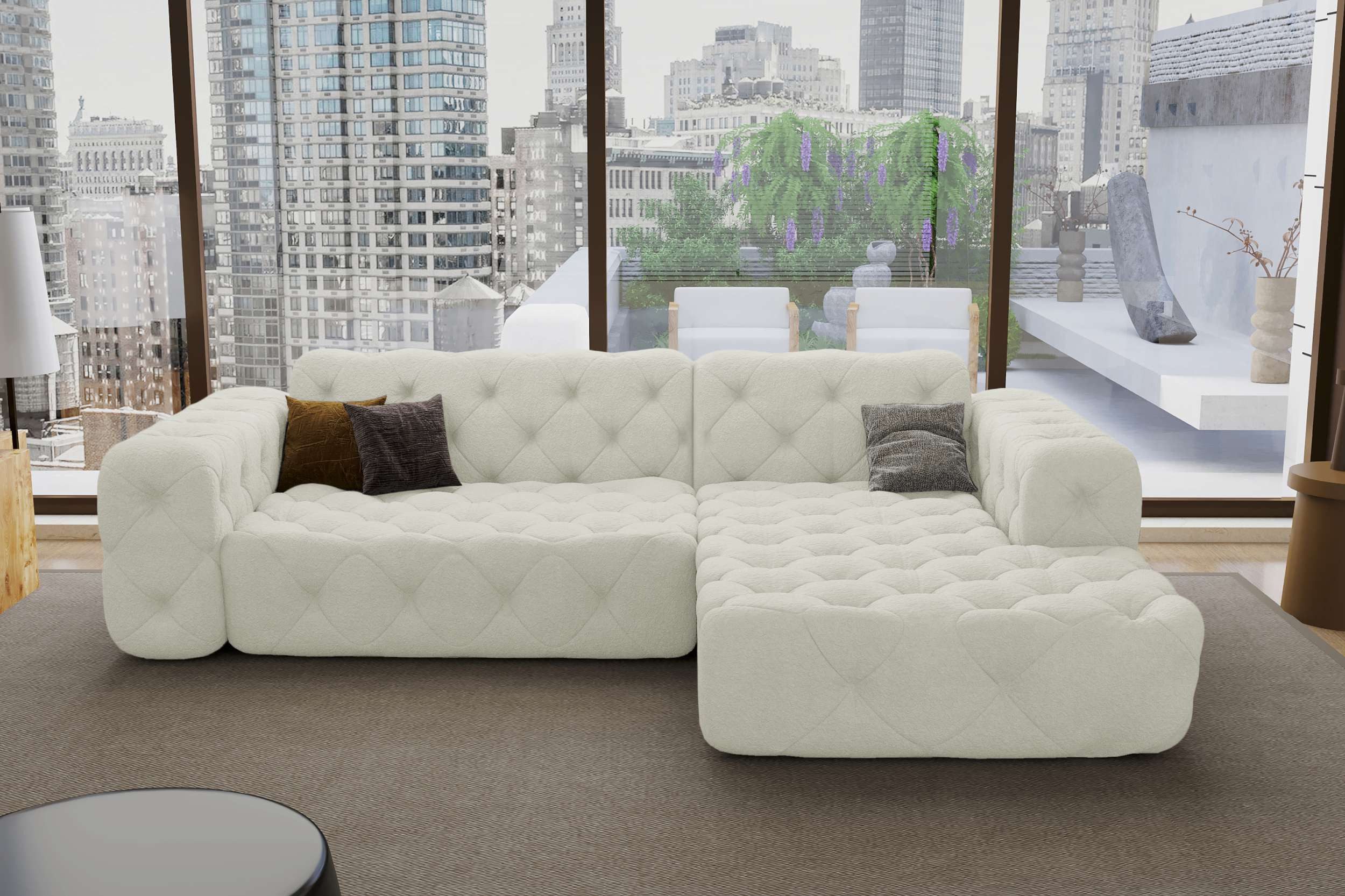 Sofa Dreams Ecksofa Kurzes Ecksofa Menorca L Form Stoffsofa, Ecksofa, L-Form, Rundumbezug aus gepolstertem Boucle-Stoff