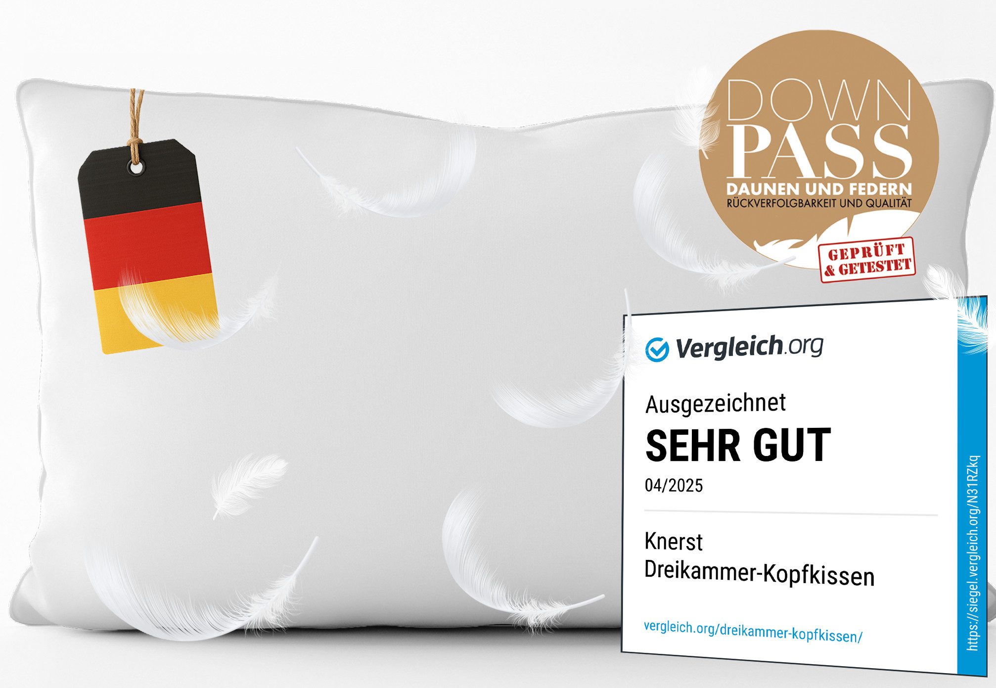 KNERST Daunenkissen hypoallergenen, bei 60°C waschbar, Füllung: 90% Daunen, 10% Federn, Seitenschläfer, Bauchschläfer, Rückenschläfer, 3 Kammer, 40x80cm, Luxusqualität Daunenkopfkissen, Allergiker geeignet
