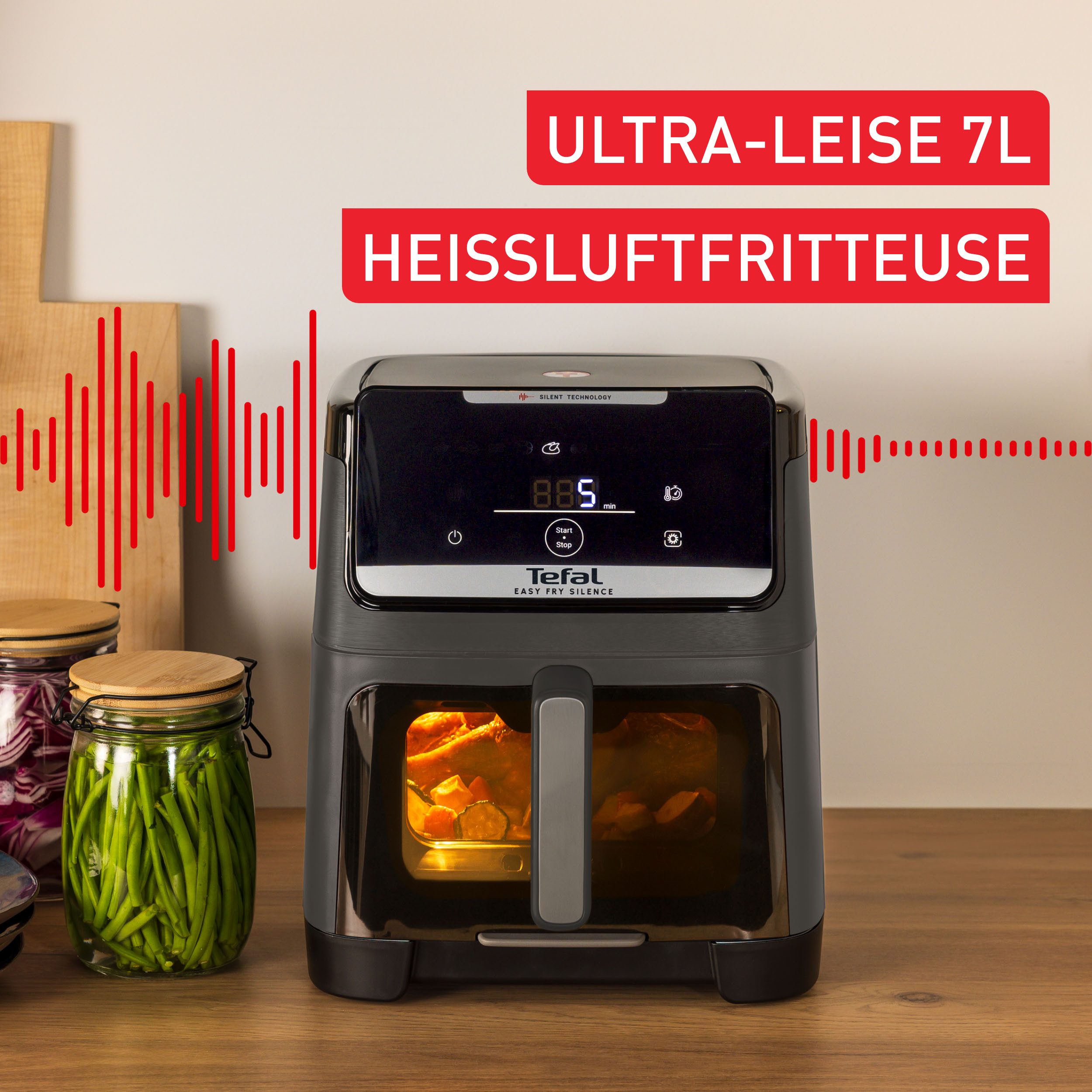 Tefal Heißluftfritteuse Easy Fry Silence XXL, für bis zu 8 Portionen, abnehmbares Frontelement, 1800 W, 10 Programme, Sichtfenster, Rezepte in der My Tefal App, EY846H