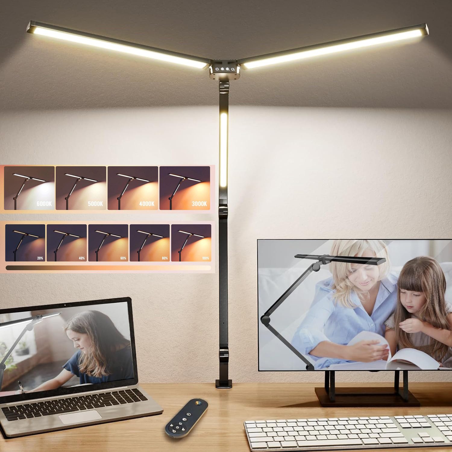 Jibenhome LED Schreibtischlampe Led Tischleuchte 24W 77cm B,Doppelkopf Verstellbarer Klemmelicht, 4 Farbmodi und 5 Stufen, Dimmbar Tageslichtlampe,Timer&Fernbedienung