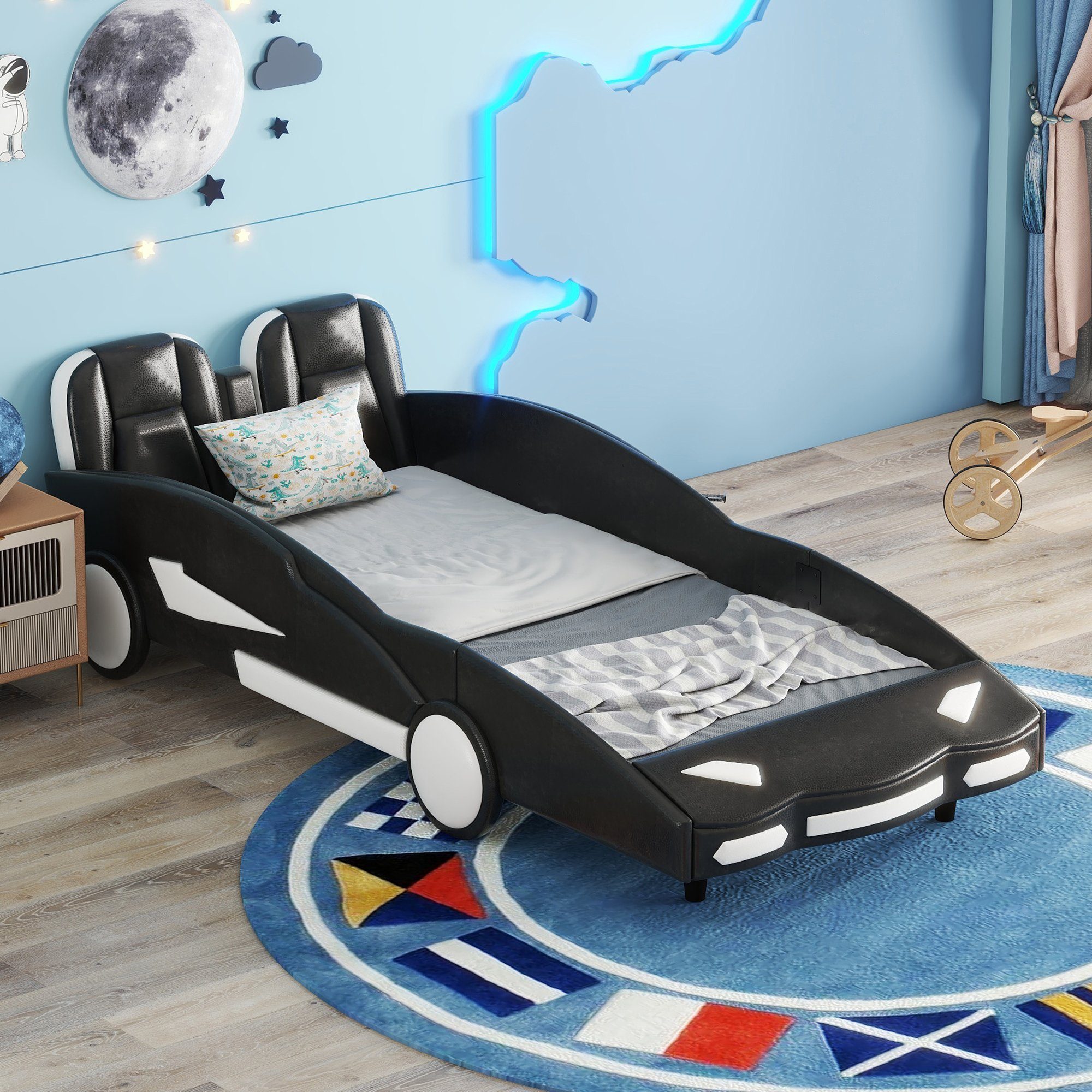 WISHDOR Kinderbett Funktionsbett Autobetten, Gästebett, Flachbetten, Auto-Modellbetten (90 x 200 cm), ohne Matratze schwarz