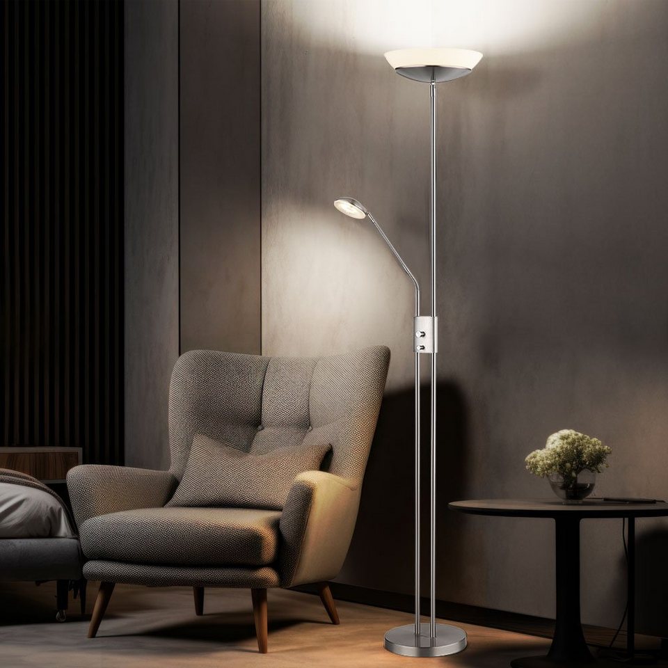Globo LED Stehlampe, LED-Leuchtmittel fest verbaut, Warmweiß, Deckenfluter  Wohnzimmerleuchte dimmbar Metall nickel H 180 cm
