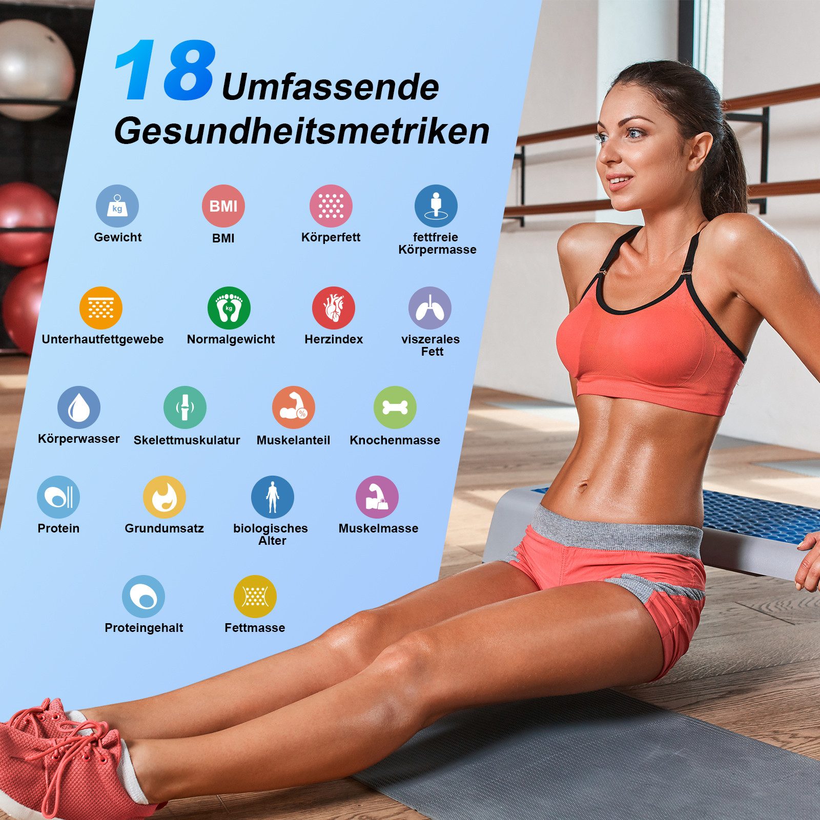 Healthkeep Personenwaage mit 8 Elektrodenmit App Intelligent für 18 analysierte Körperdaten, großem LED-Display, Für Android und iOS Apps. Max. 180kg/400lb/28st) 30 x 30 cm