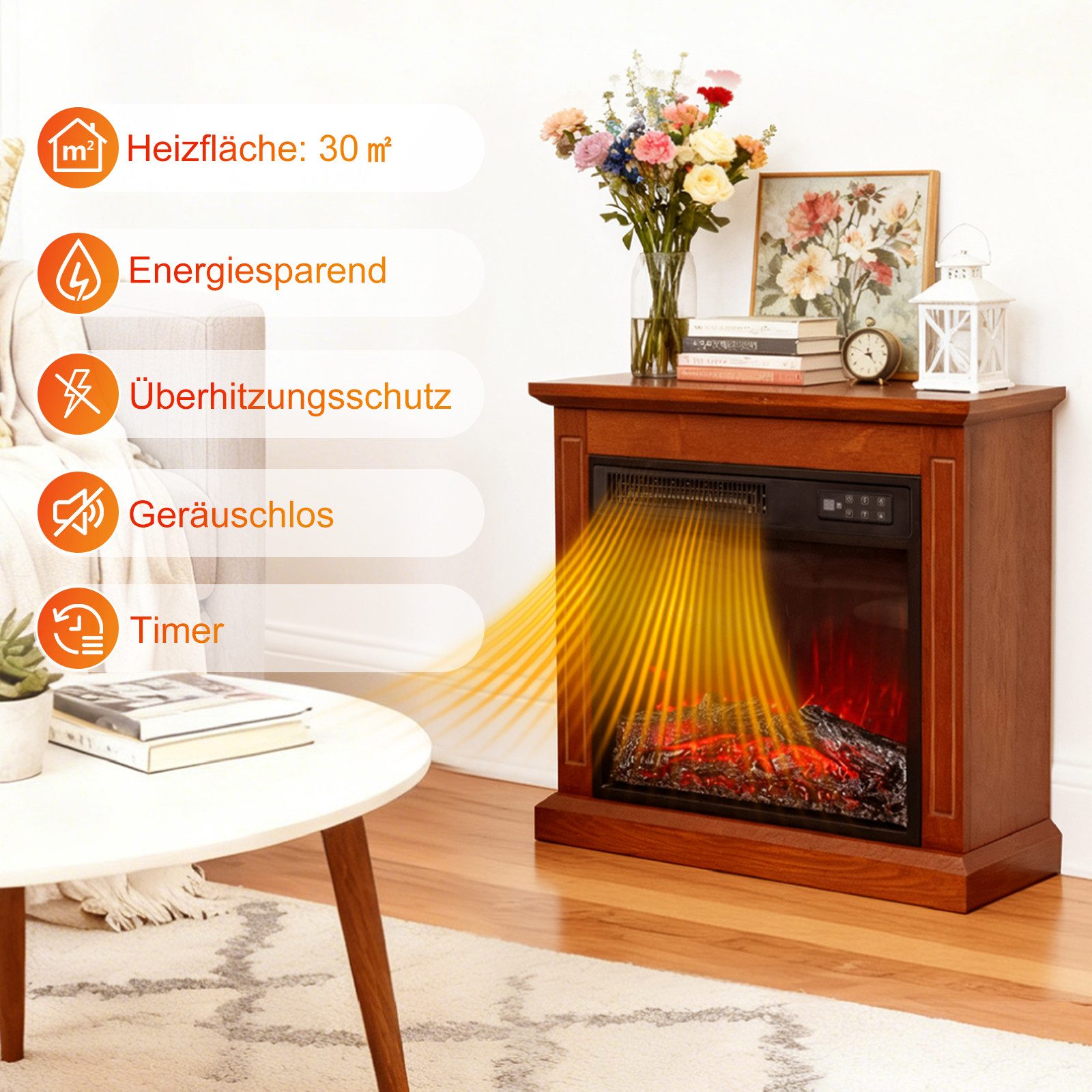 HOMAVO Elektrokamin mit Schrank, 18''/23'' Elektrokamin mit Heizung, 3D-Flammeneffekt, 18''-1800W, 23''-2000W, Fernbedienung, Timer