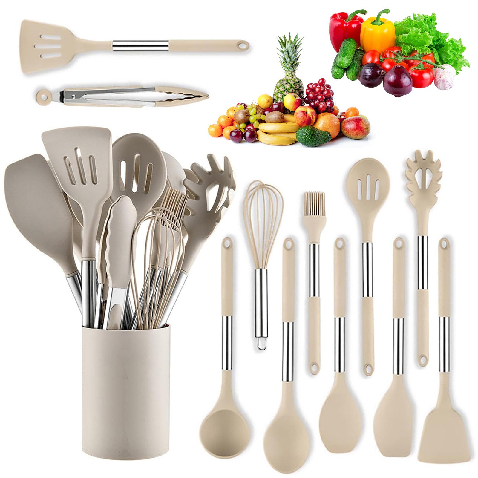 OKWISH Kochbesteck-Set 12er Küchenhelfer Set Kochgeschirr (Kochset Antihaft Hitzebeständig mit Utensilienhalter und Aufhängeloch, 12-tlg., Silikon, Kochbesteck, Kochutensilien), Spülmaschinengeeignet für Kochen Braten Schöpfen Mischen und Backen