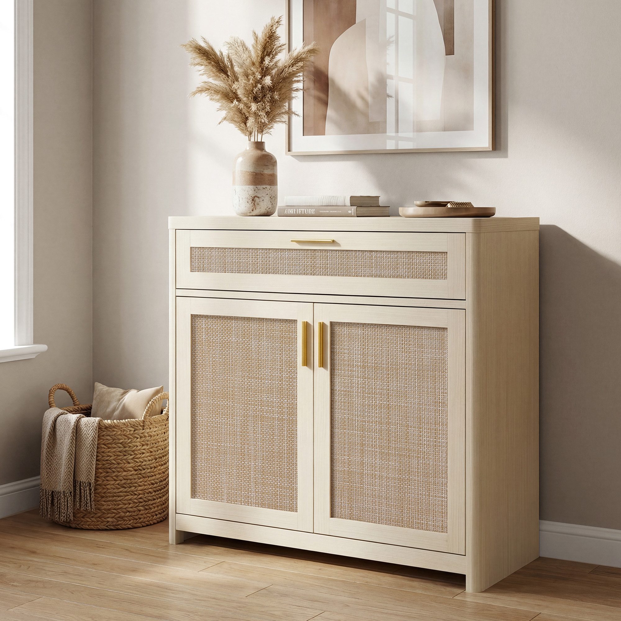 VASAGLE Buffet Küchenschrank im Boho-Stil, Türen Rattan-Optik verstellbare Ablage, Schublade, Wohnzimmer,38 x 80 x 80 cm (T x B x H)