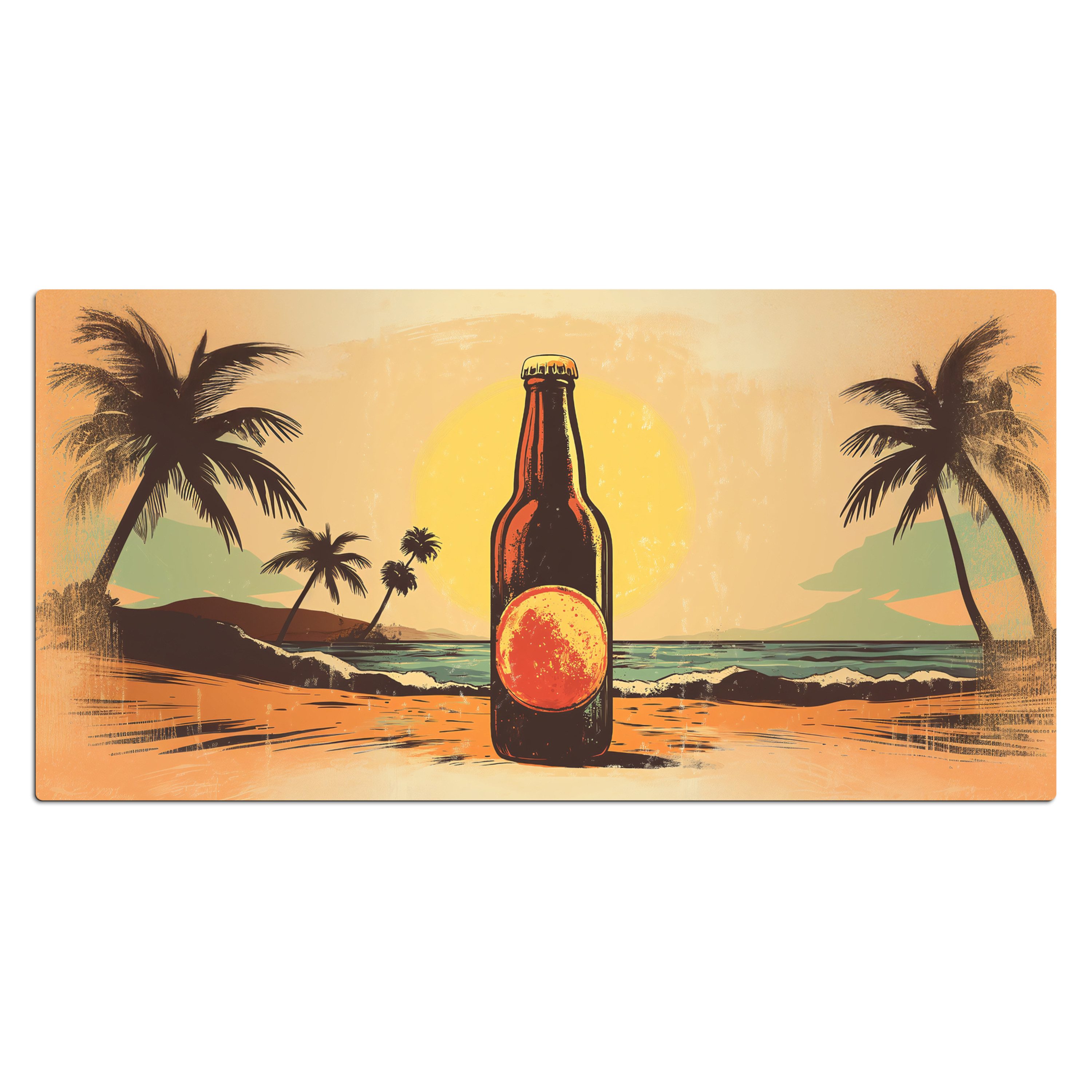 MuchoWow Gaming Mauspad Bierflasche - Sonnenuntergang - Palmen - Meer (1-St), Gaming Mauspad XXL, Schreibtischunterlage, Gaming Zubehör, 120x60 cm