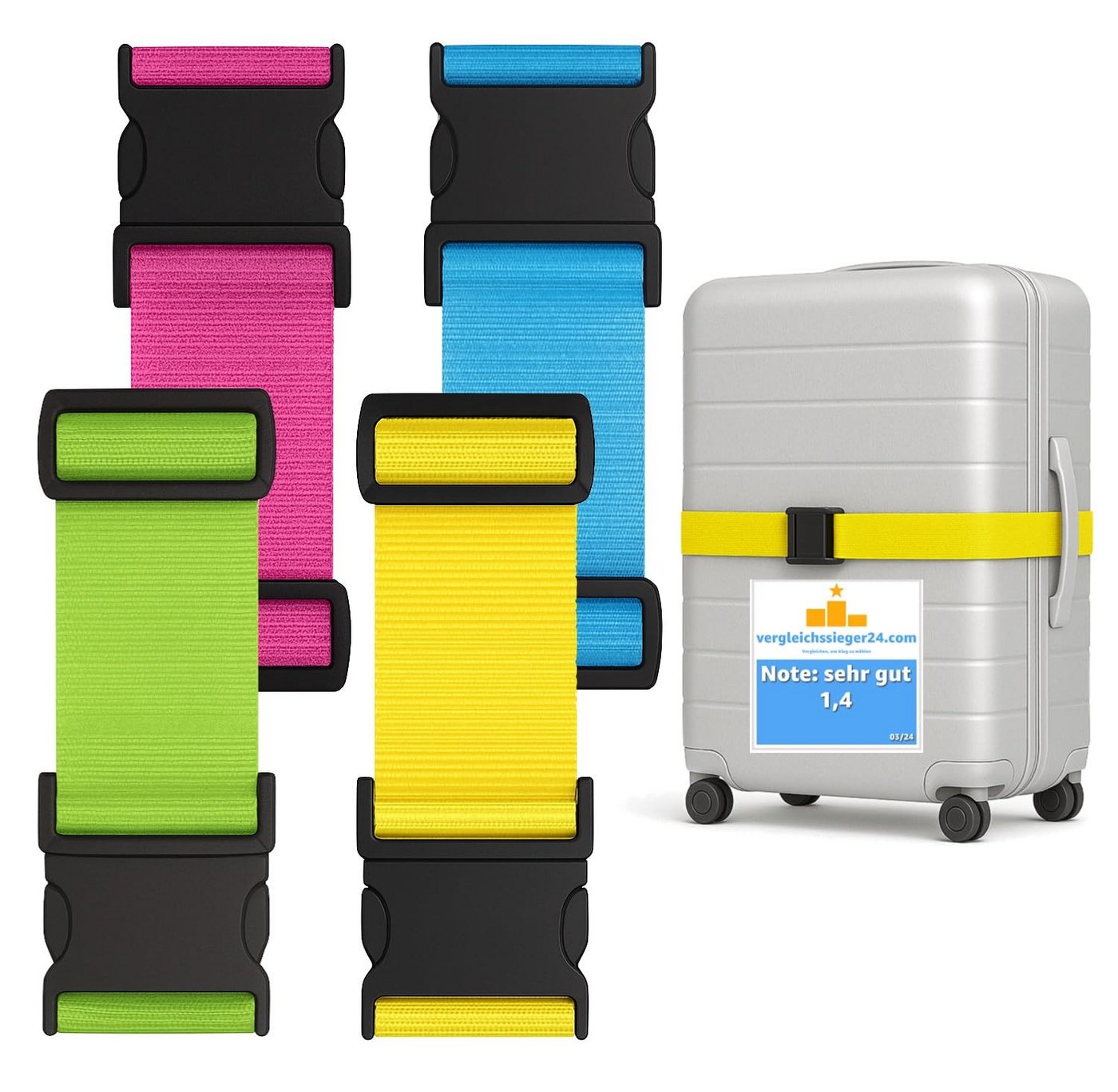 Travelfreund® Koffergurt 4er Kofferband Set bunt - Koffergurte für Koffer & Gepäck zum Reisen, (Set, 4-tlg., 4x Kofferband), 4 bunte Farben