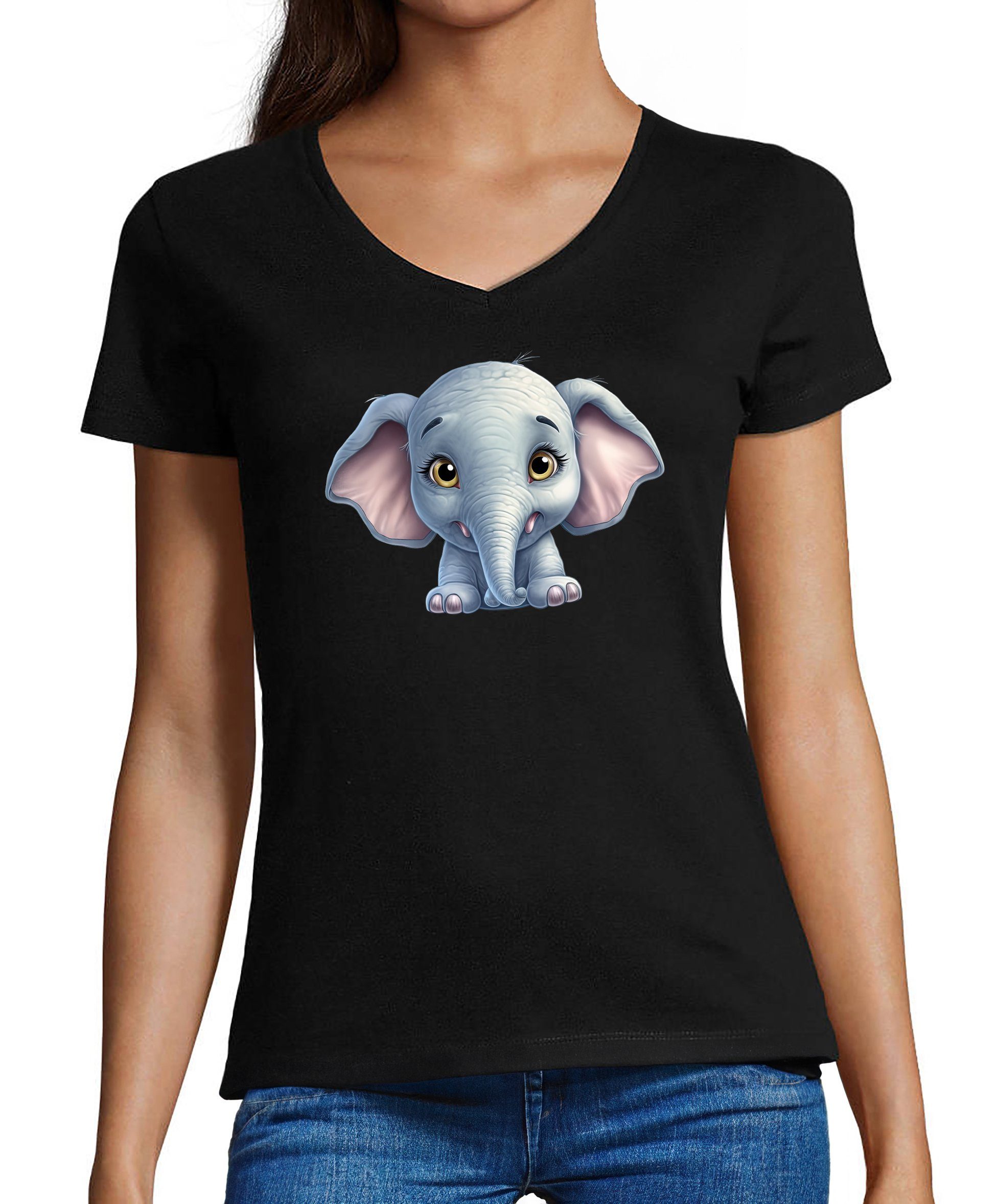 MyDesign24 T-Shirt Damen Wildtier Print Shirt - Baby Elefant V-Ausschnitt Baumwollshirt mit Aufdruck Slim Fit i272