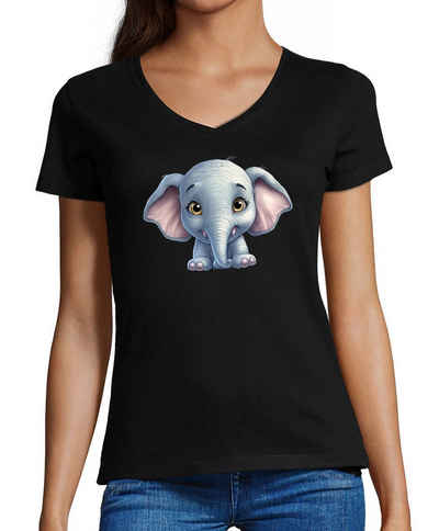 MyDesign24 T-Shirt Damen Wildtier Print Shirt - Baby Elefant V-Ausschnitt Baumwollshirt mit Aufdruck Slim Fit, i272
