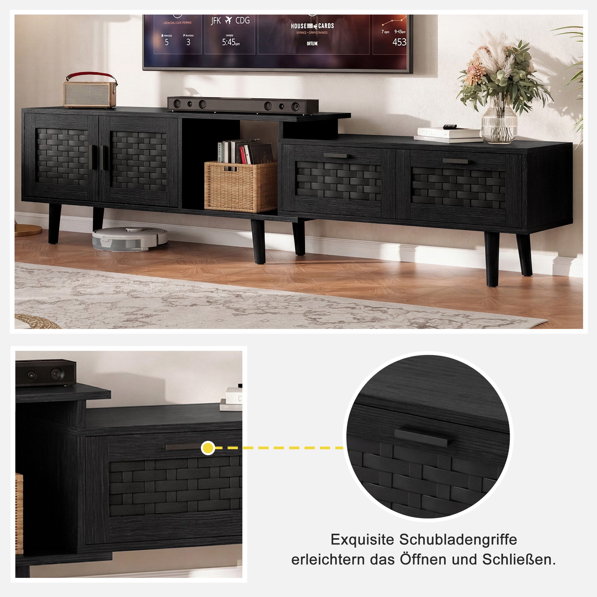 BELUPAI TV-Schrank Lowboard im wohnzimmer Fernsehschrank mit 2 Türen und 2 Schubladen (Packung, 1-St) 180x29.8x44 cm,Breite verstellbar bis zu 180 cm,30 kg Tragfähigkeit