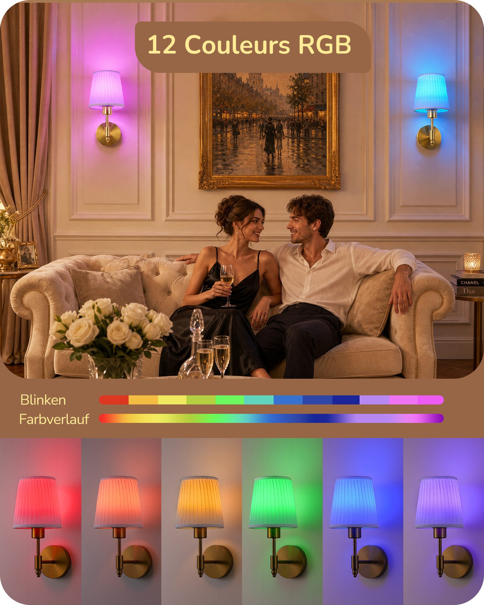 EDISHINE Wandleuchte 2er Set Akku Wandleuchten Innen mit Fernbedienung, 12 Farben RGB, LED wechselbar, 3000K-6500K, magnetische LED-Wandleuchten, 3000-6500K dimmbar, Timer
